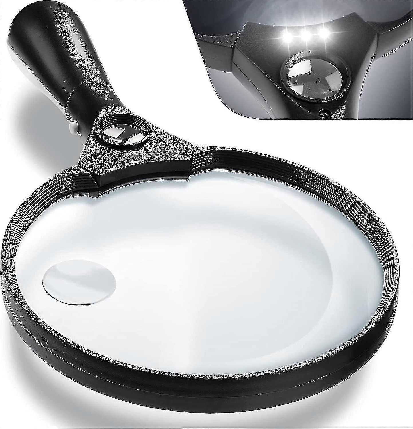 Loupe de poche extra large à LED, double lentille 90 mm et 78 mm, grossissements 2x/4x/25x, 6 LED et 2 lampes UV, 160 g