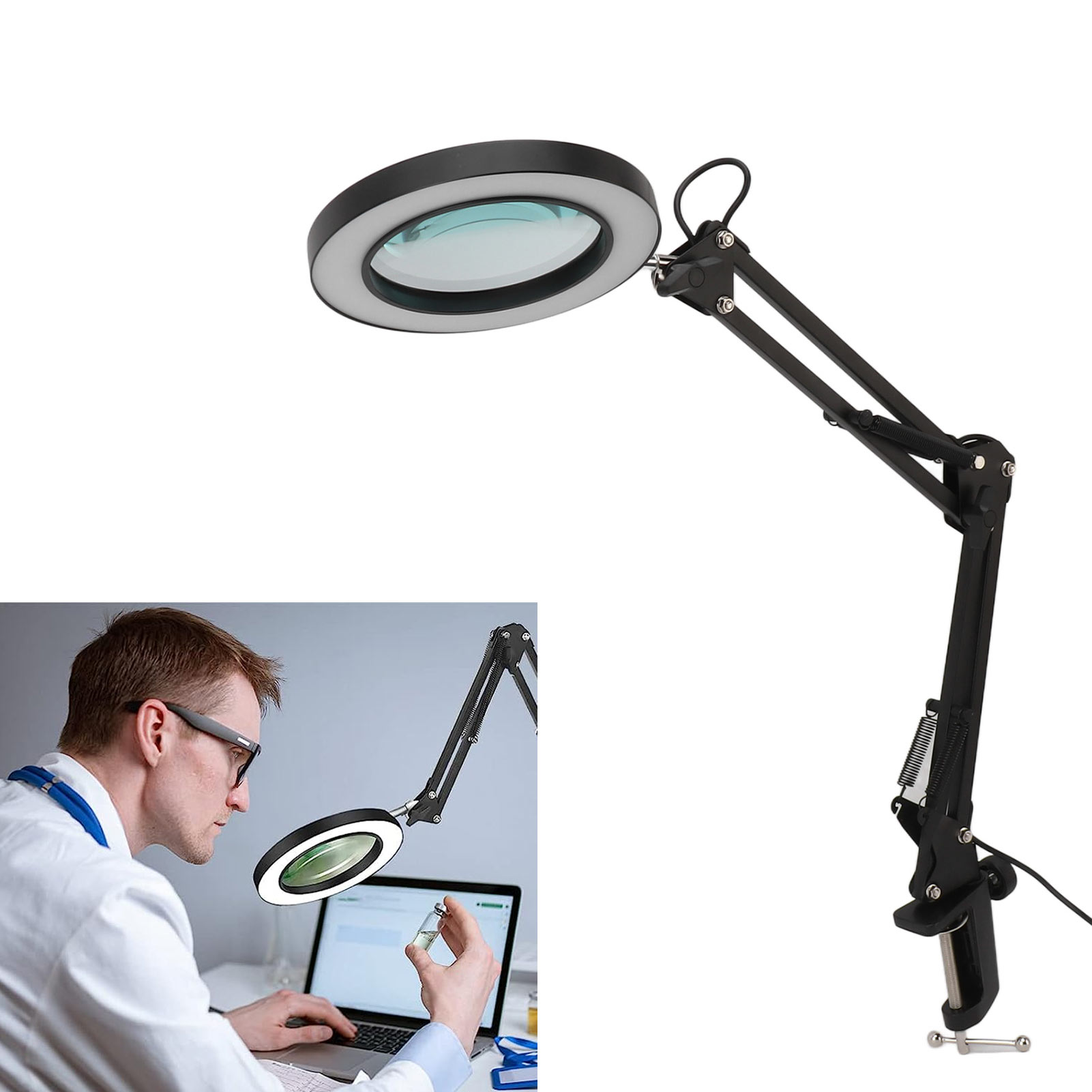 Lampe loupe à pince 10x, lentille en verre, LED réglable en continu, 3 modes de couleur