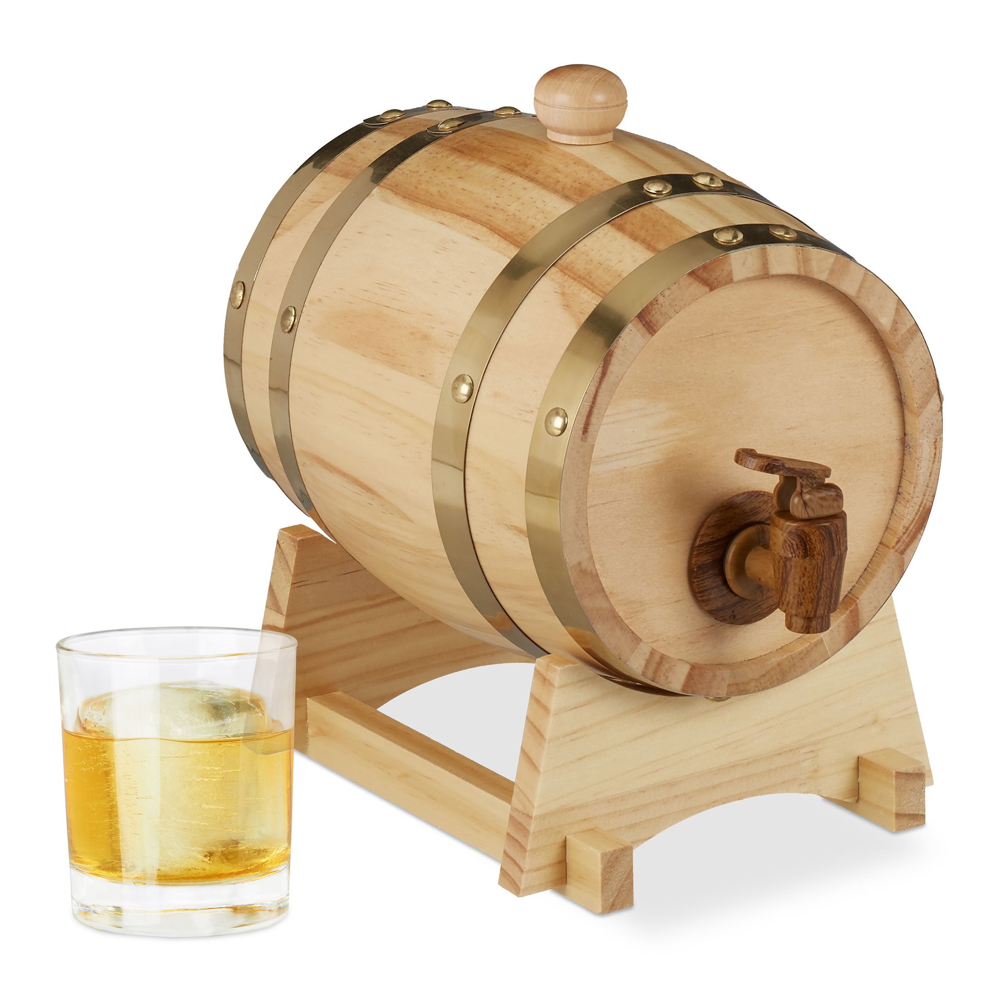 Relaxdays Holzfass 1,25 L, Mit Bock, Zapfhahn, Für Whiskey, Wein, Spirituosen, Whiskyfass Hxbxt 23 X 16 X 25,5 Cm, Natur 4052025278526