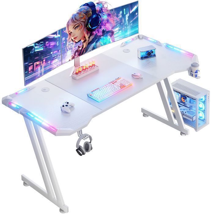 Bureau Gaming - Ecofurnix 160 X 60 X 74 Cm - Blanc Mat - Accessoires