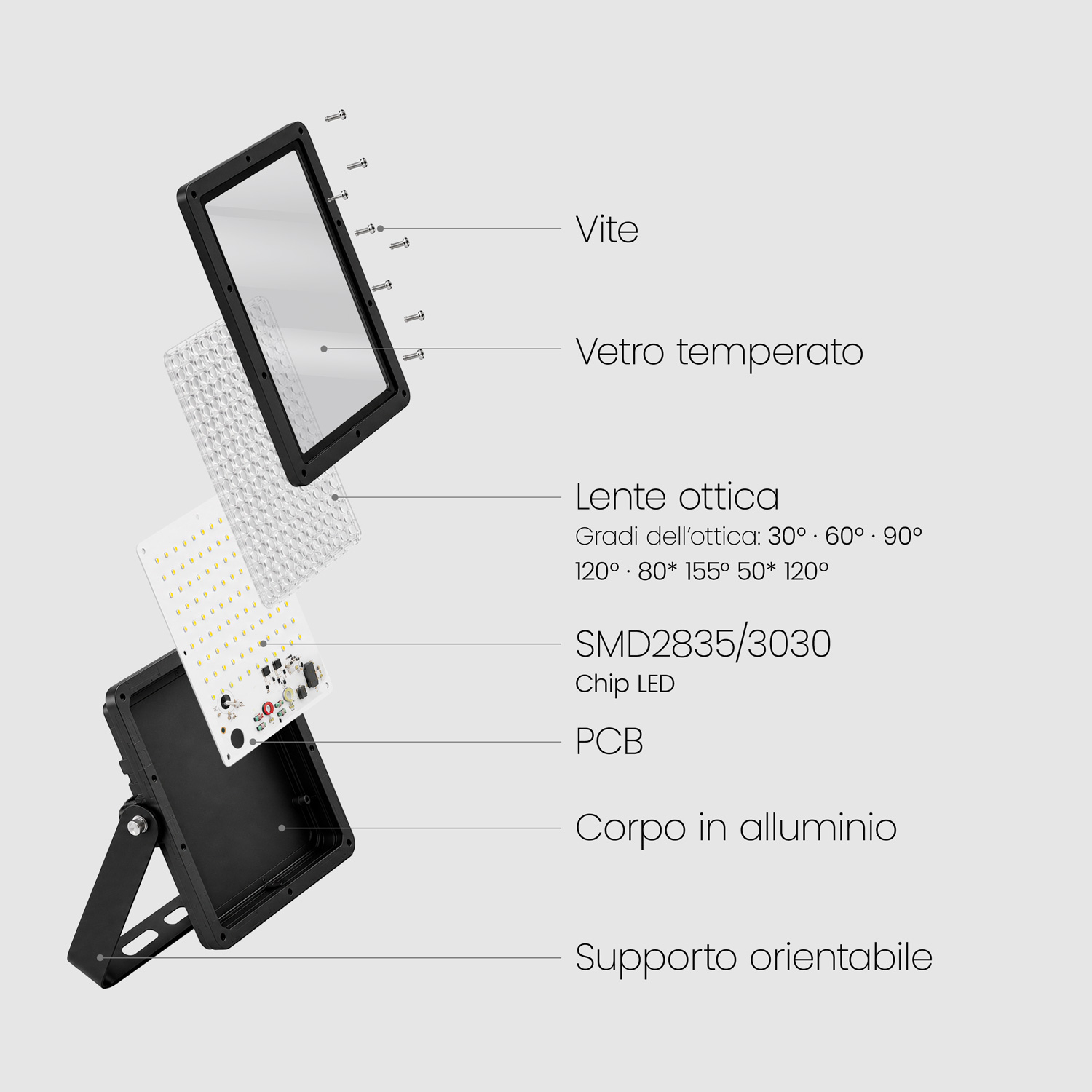 Proiettore Led 200w Regolabile 0-10v 170 Lm/w Ip65 Elegance Slim Pro Bianco Bianco Caldo 90º 3000k