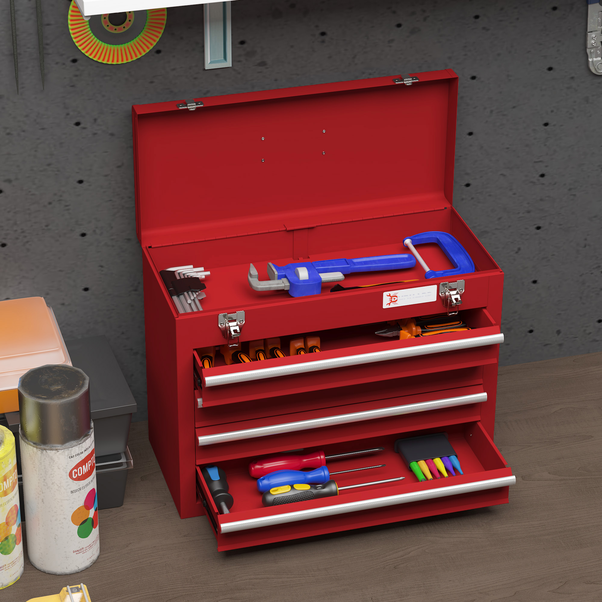 Boîte à outils en acier rouge, 4 tiroirs verrouillables et plateau, 51 x 22 x 39,5 cm