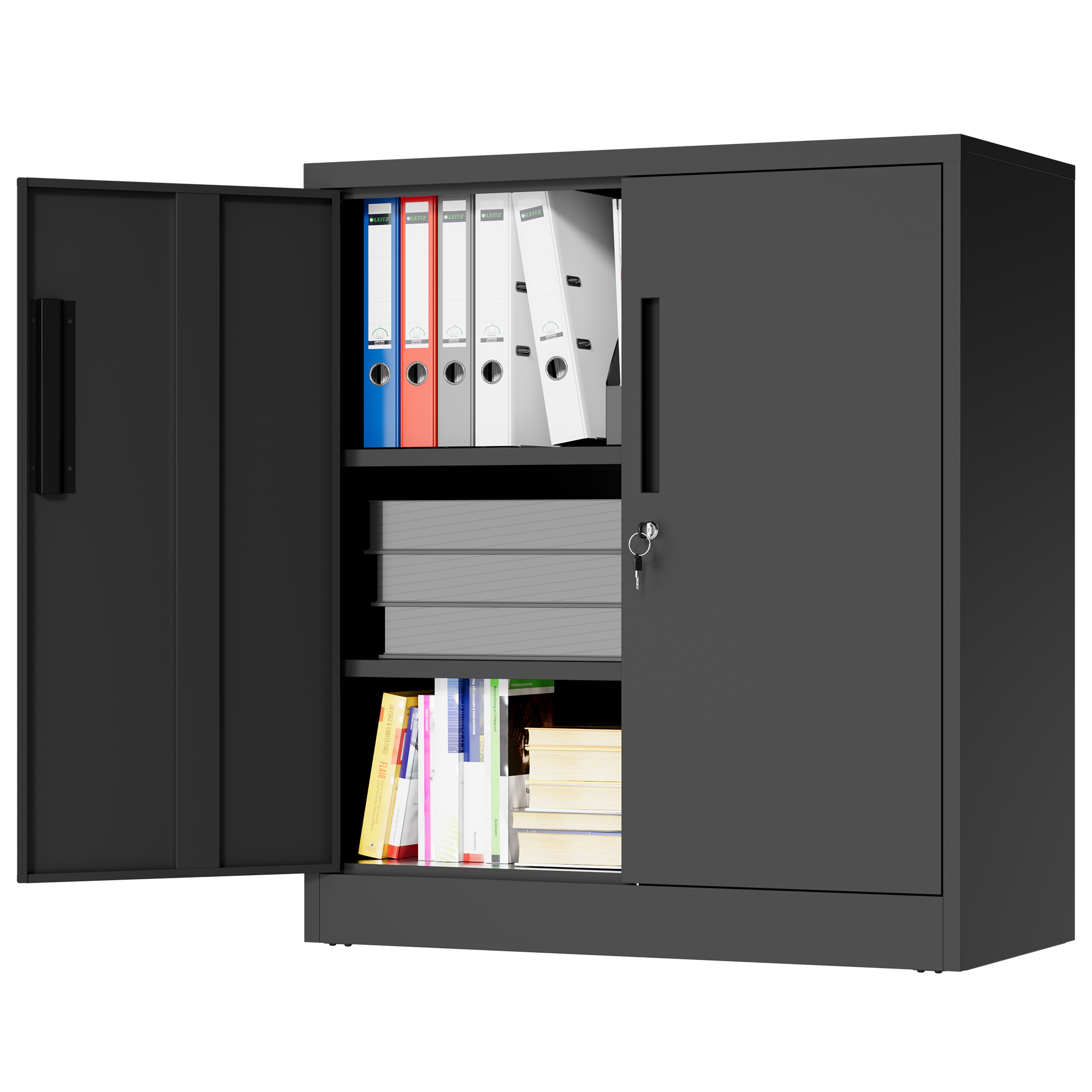 Armoire de rangement métallique noir 80x40x90 cm, deux étagères réglables, portes verrouillables, 18 kg
