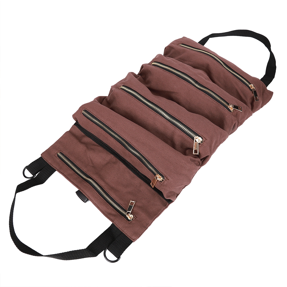 Sac à outils en toile à rouler, 5 poches zippées, 47,5 x 30 cm, marron café