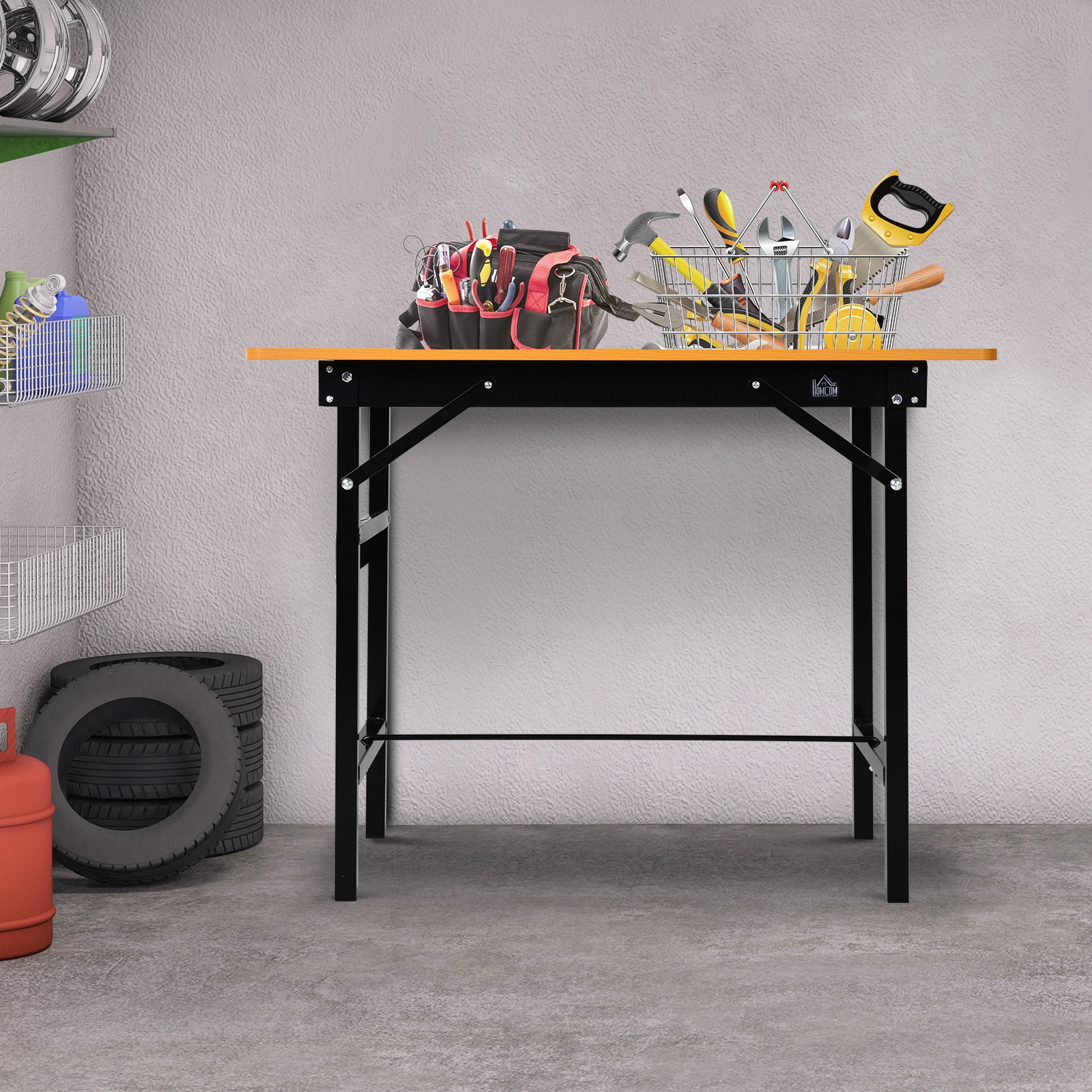 Établi pliable Yumi, plateau MDF avec règle et rapporteur, structure métallique noire, 100 x 60 x 75,5 cm, 100 kg