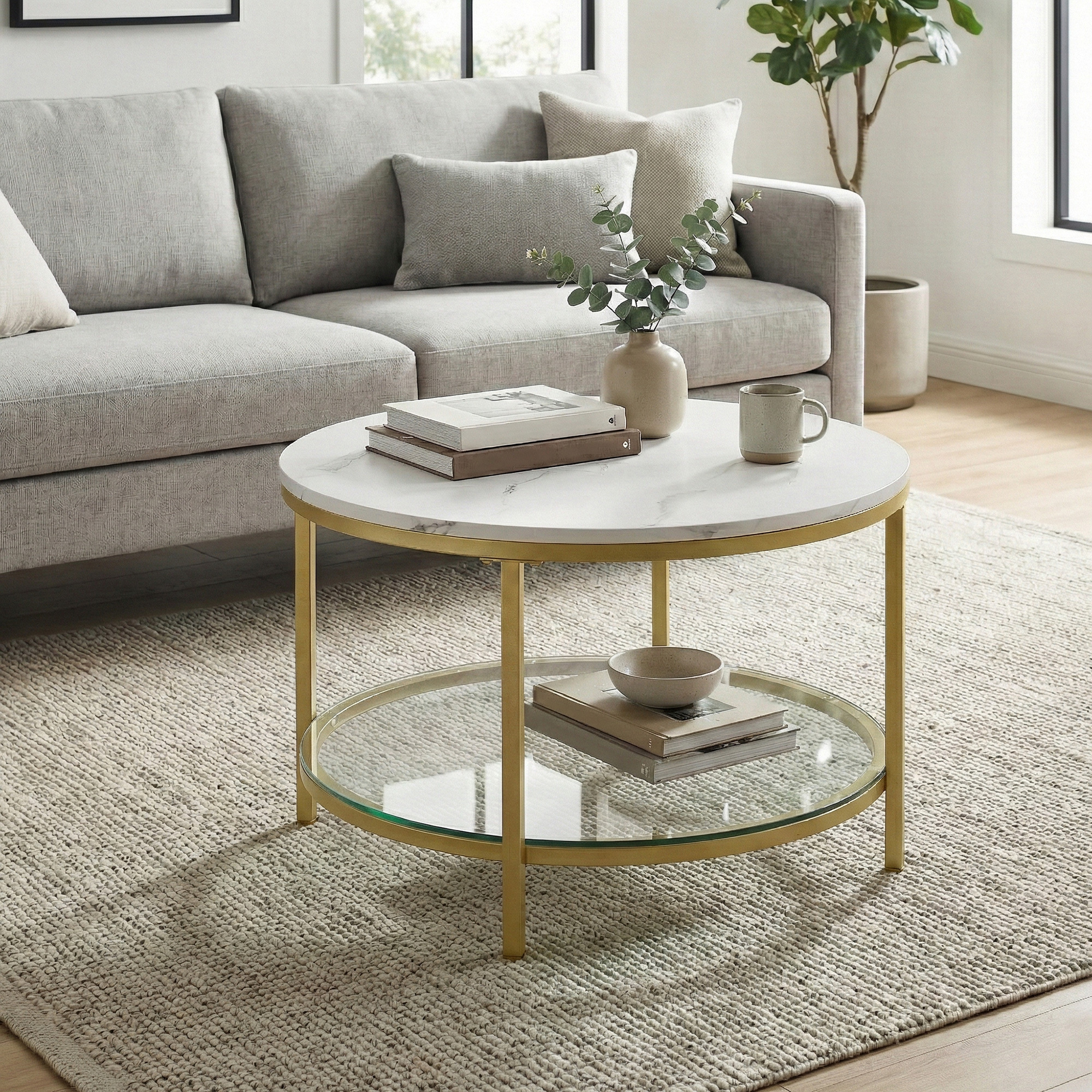 Vasagle – Table Basse Fixe Blanche Marbrée – Plateau En Verre Trempé