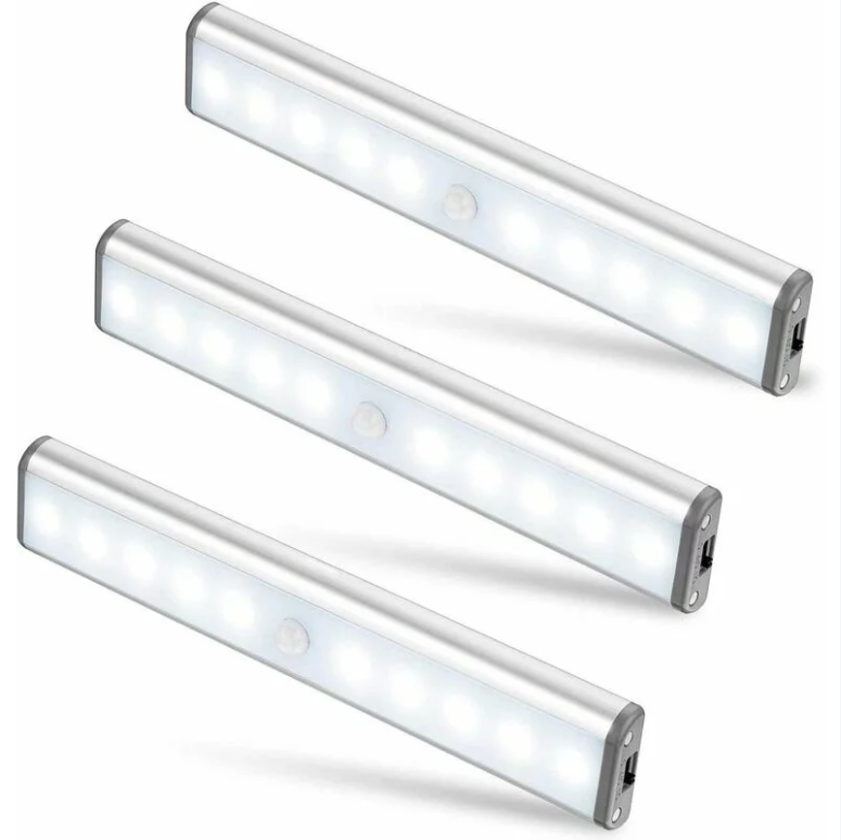 Éclairage D'Armoire À Trois 10 Led, Sans Fil, Usb Rechargeable, Magnétique, Détecteur Mouvement, 2 Modes D'Éclairage,lampes De Placard, Lumières De Secours, Veilleuses Pour Enfants