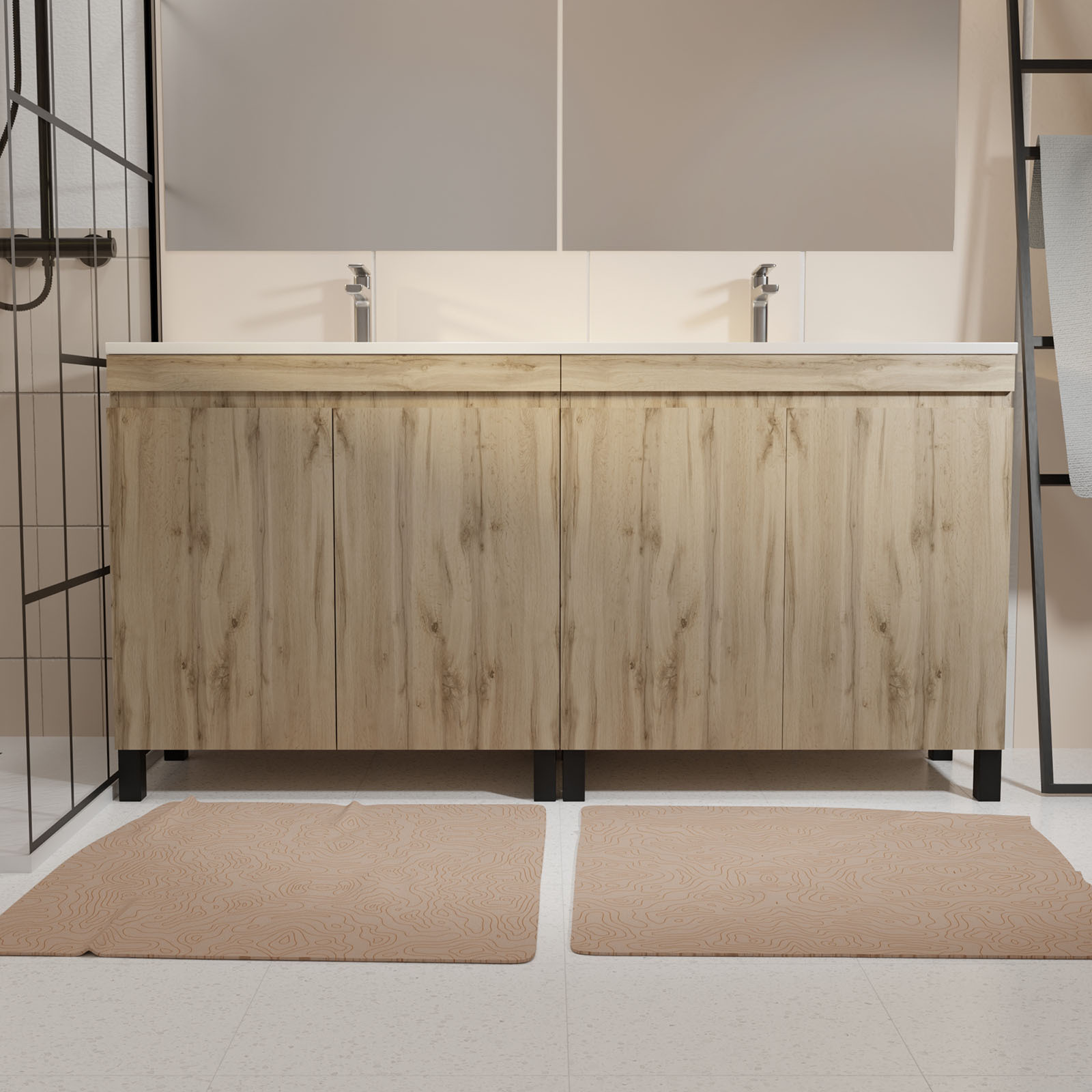 Meuble De Salle De Bains 120cm 4 Porteschêne Naturel + Vasque Céramique