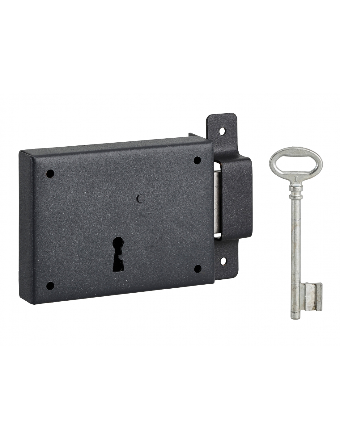 Serrure Horizontale En Applique À Clé Pour Porte De Cave, Pêne Seul, Droite, Axe 60mm, 110x80mm, Noir, 1 Clé - Thirard