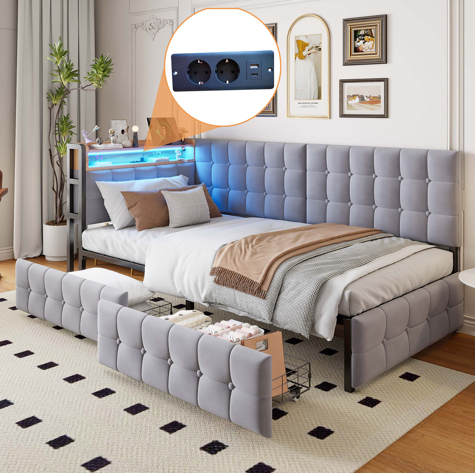 Covreo Schlafsofa 90/200 Cm Grau Aus Stoff Mit Led-kopfteil Und 2 Schubladen