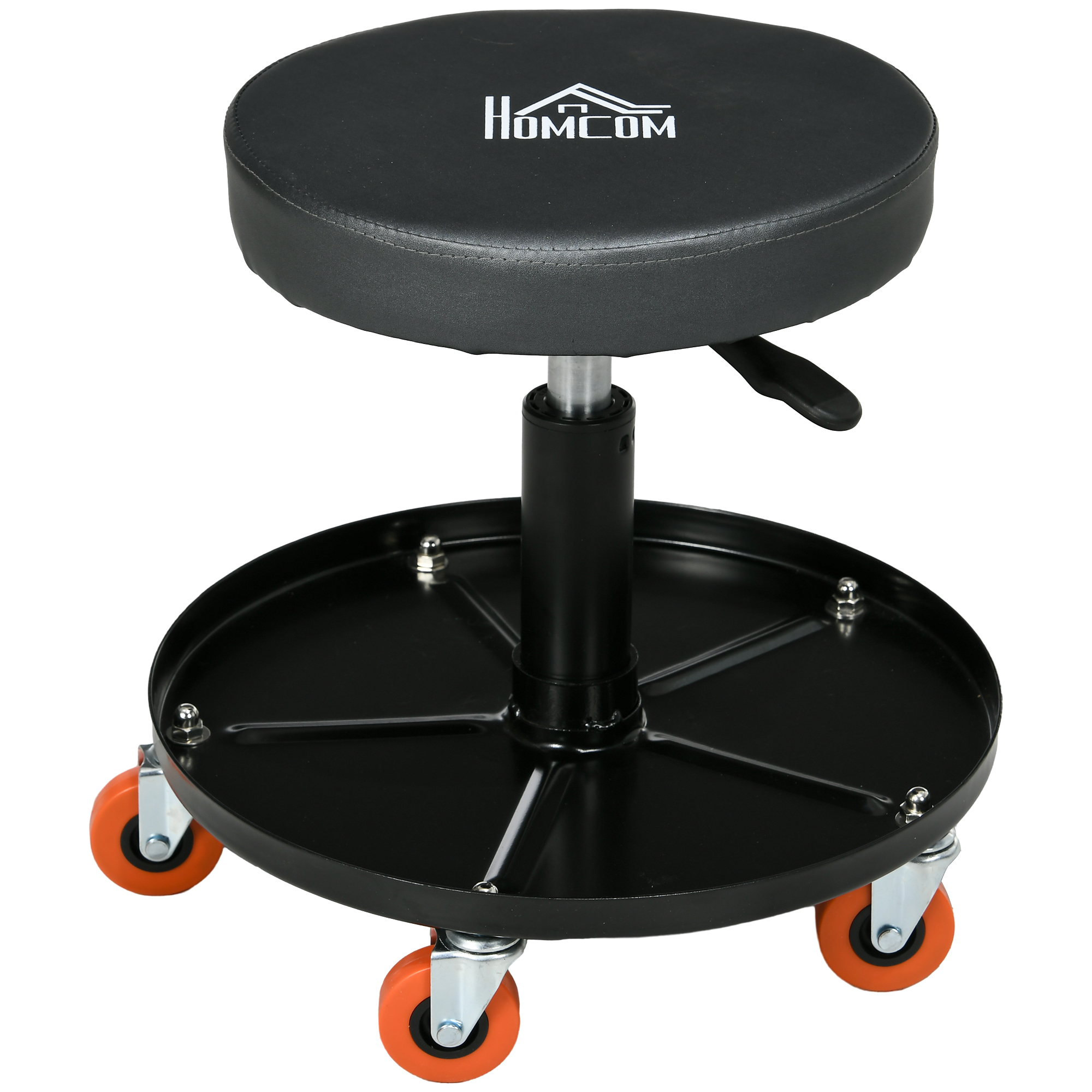 Tabouret d'atelier pivotant à hauteur réglable 38-48 cm, plateau d'outils sous assise, roulettes, noir