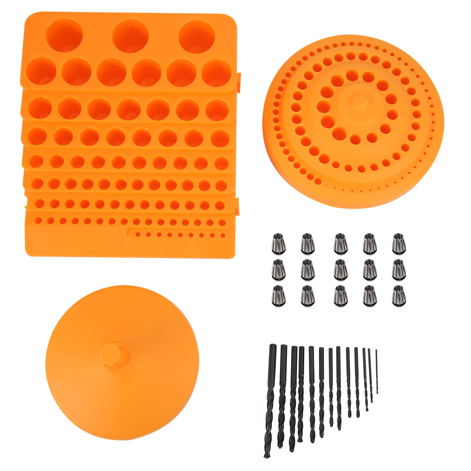 Coffret de rangement pour outils rotatifs, plastique et acier rapide, 15 mandrins et 13 embouts de perceuse