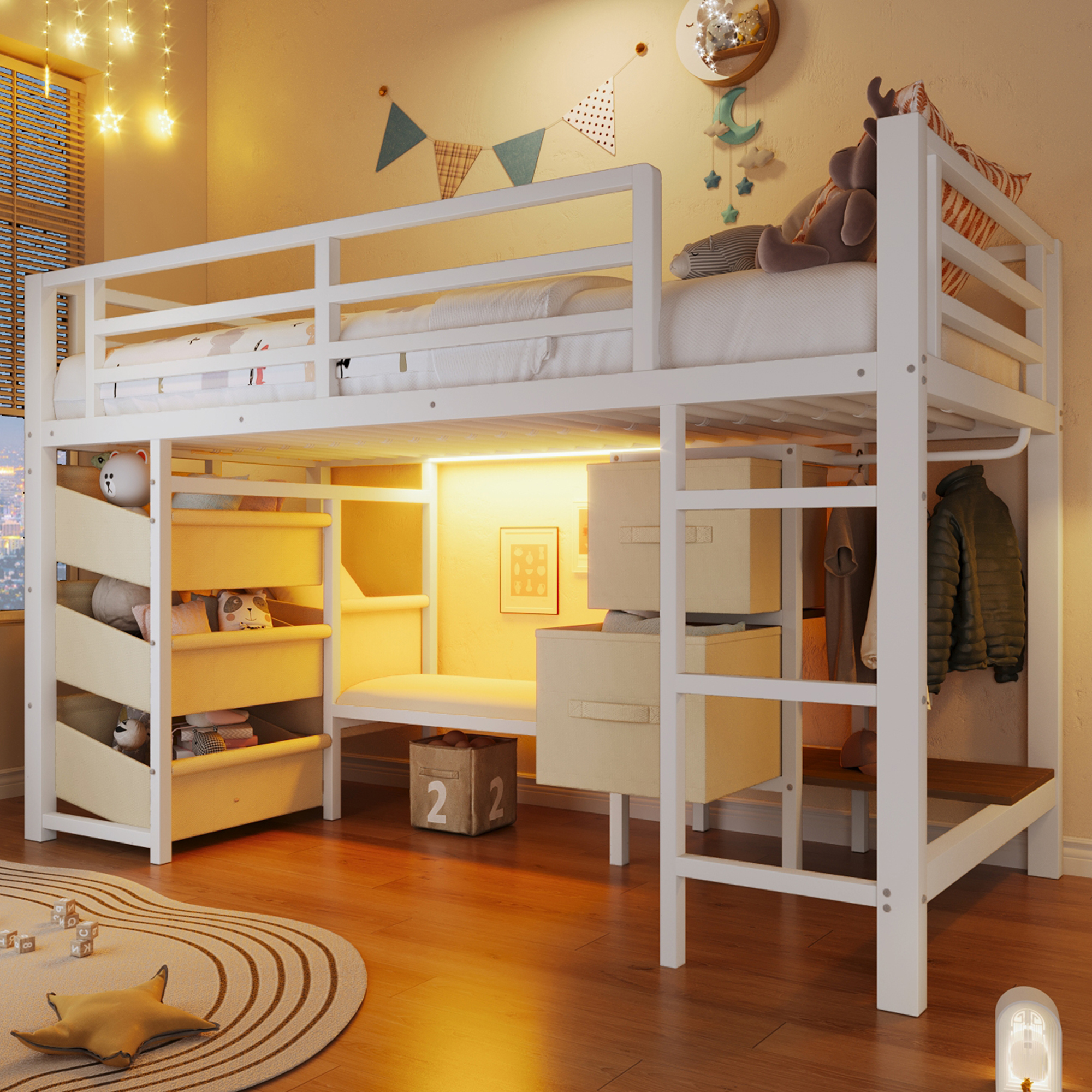 Modenvie Halbhohes Bett 90×200 Cm, Einzelbett Mit Mehrfarbiger Led-beleuchtung, Sitzkissen Und Stoffschublade, Ohne Matratze, Metall, Weiß