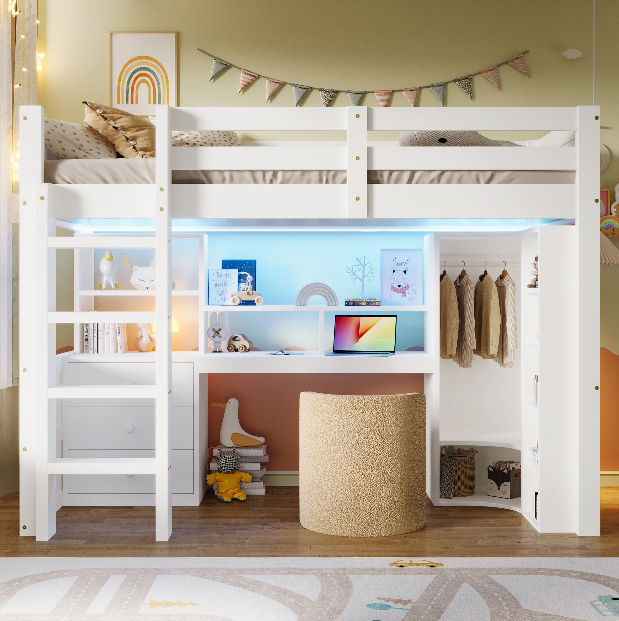 Mivray Hochbett Kiefernholz Weiß 90x200 Cm Mit Led, Schreibtisch, Kleiderschrank Und Stauraum