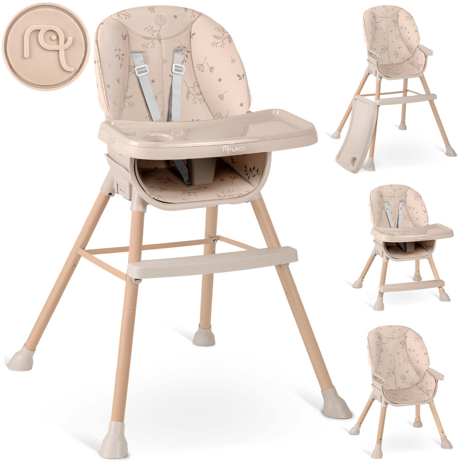 Chaise Haute Bébé Nukido Tilo Beige – Hauteur Réglable – Plateau Amovible – Harnais De Sécurité 5 Points – Matériau Résistant Aux Taches