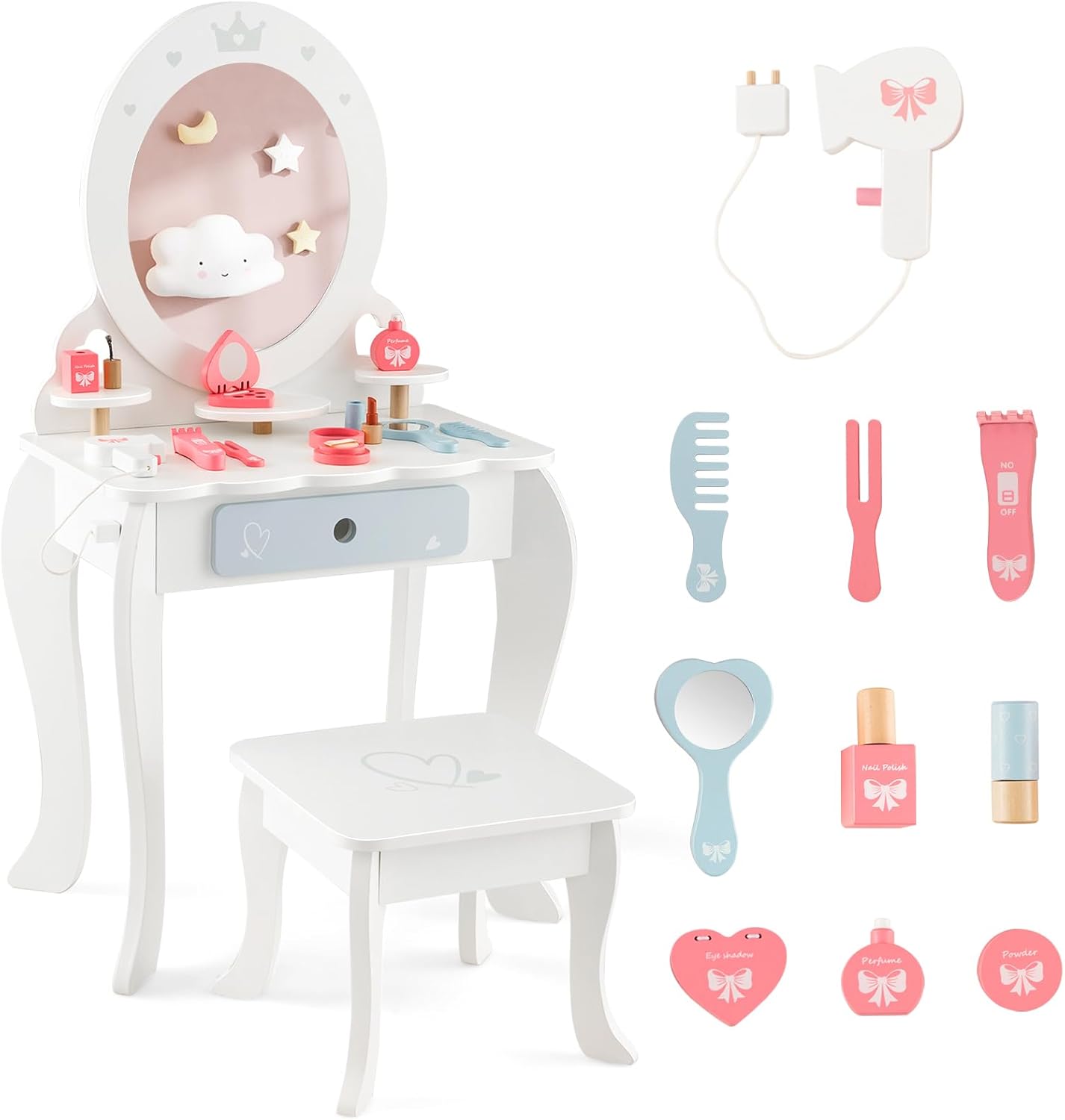 Costway - 2 En 1 Coiffeuse Enfants Avec Tabouret & Miroir Ovale Amovible