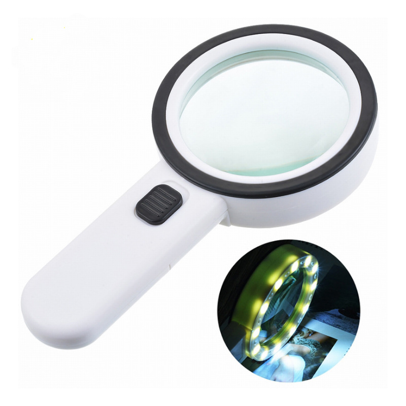 Loupe à main éclairée 30x, 12 LED, verres doubles, poignée ABS blanche