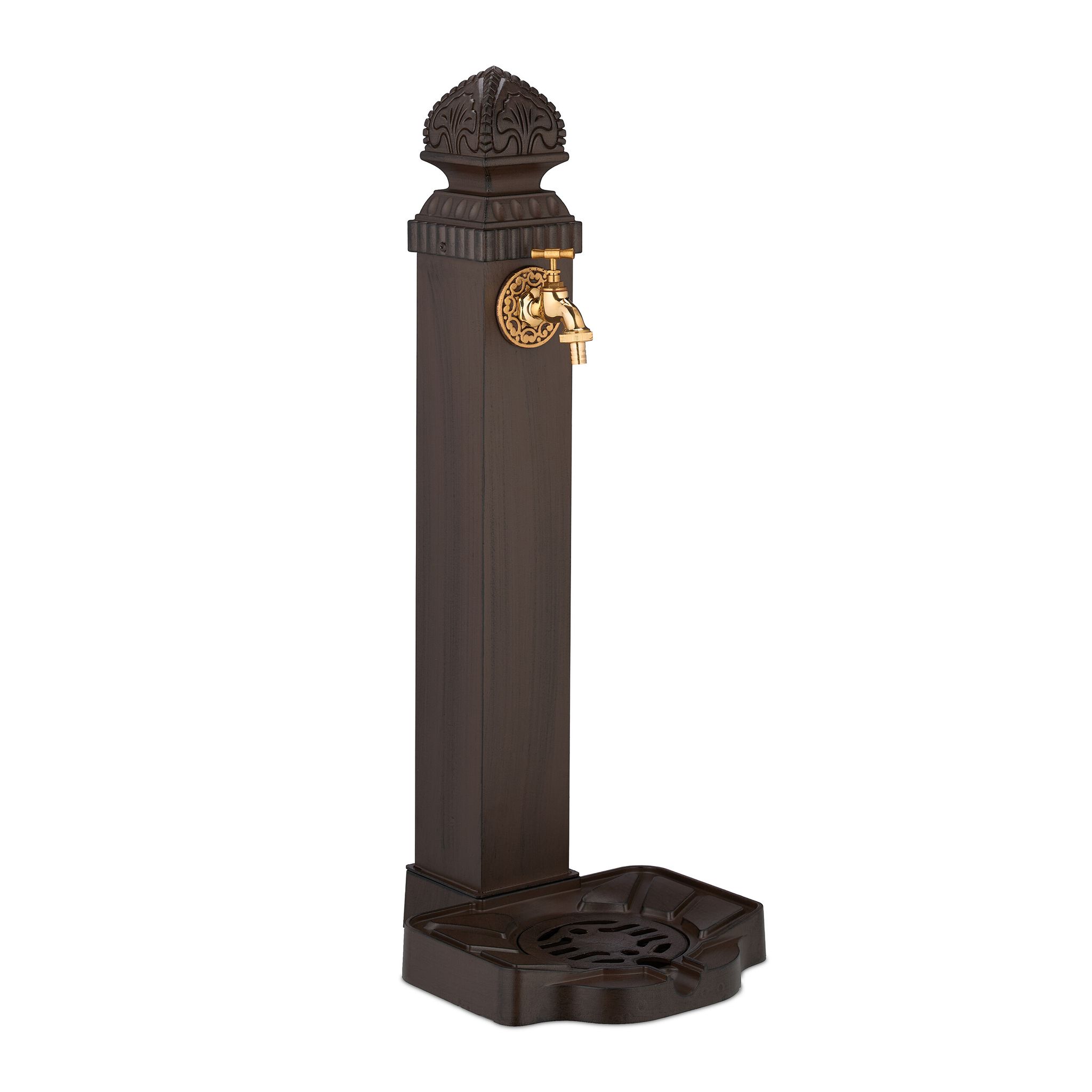 Column Fountain, Garden Water Featue, With Tap & Basin, Hwd, 77 X 29 X 33.5 Cm, Standing Patio Ornament, Brown - Relaxdays