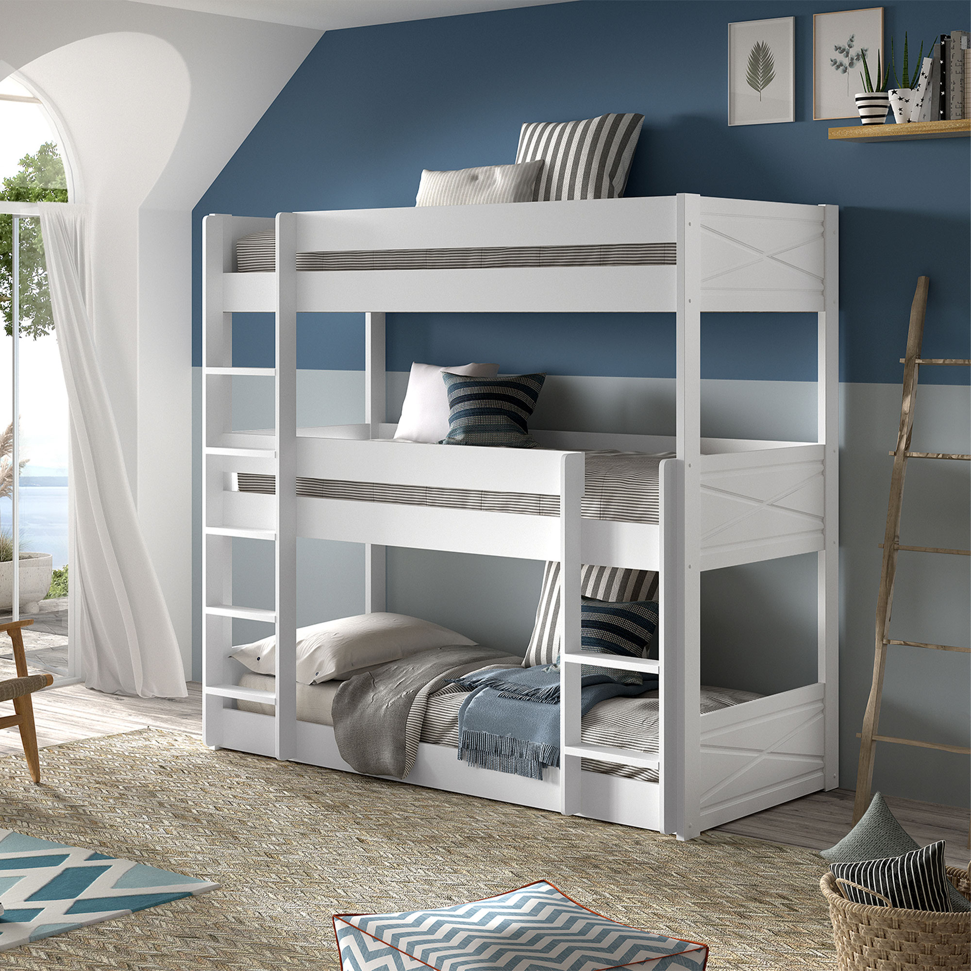Lit Superposé 3 Couchages 90x200 Cm – Structure En Pin Blanc – Échelles Incluses – Capacité De Portage 75 Kg