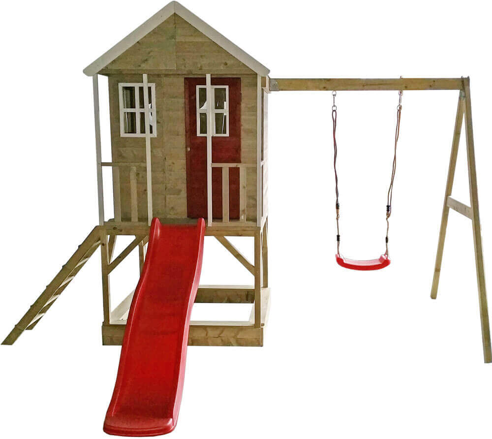 Wendi Toys - Holz Stelzenhaus Alpaka Mit Roter Rutsche, Schaukel Und Sandkasten Natur 290x350x242 Cm