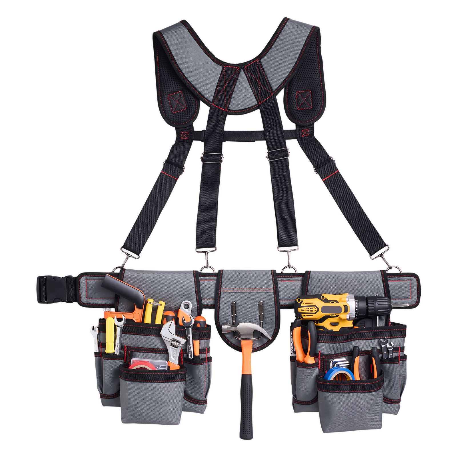 Ceinture porte-outils réglable 81-173 cm, 22 pochettes, bretelles, gris