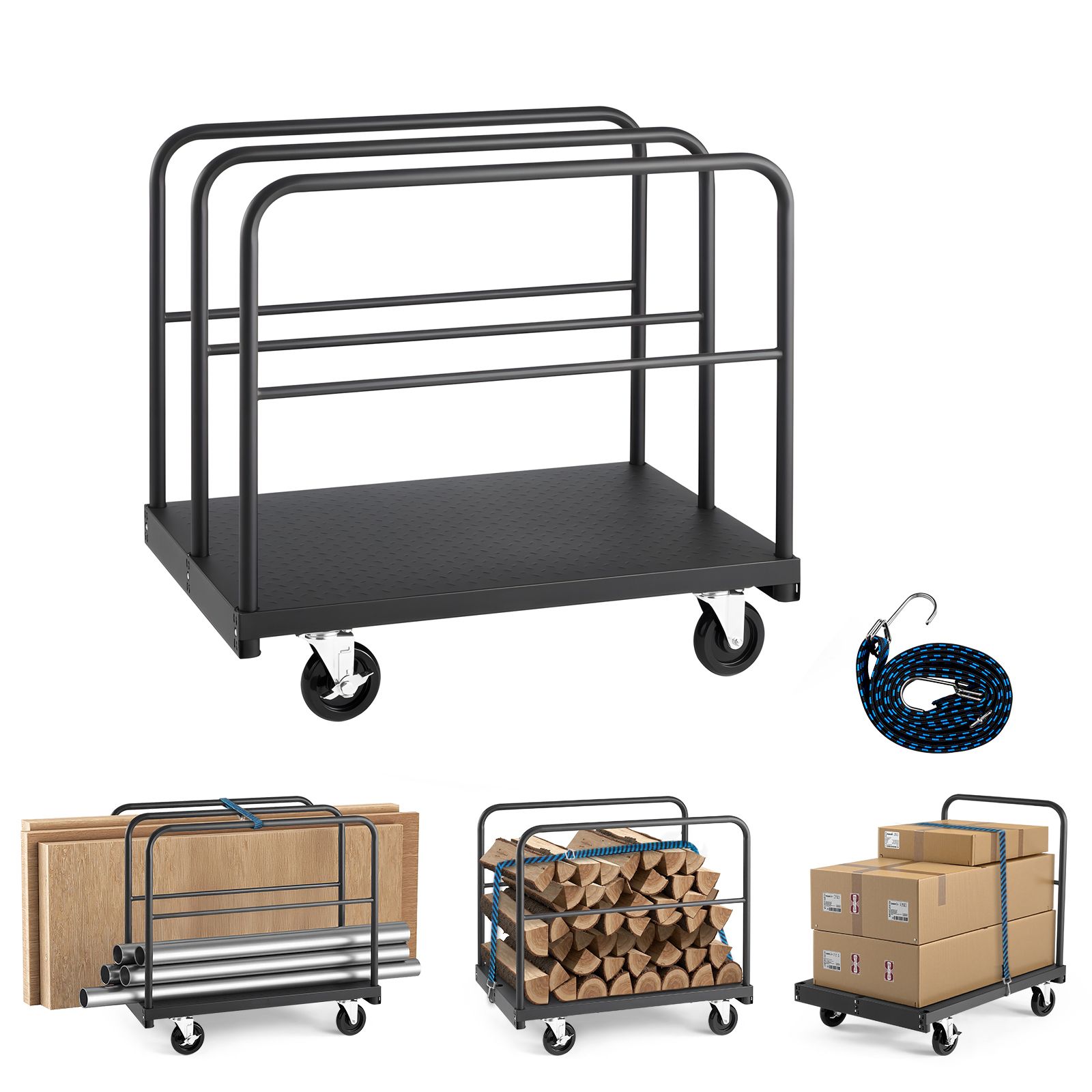 Chariot porte-panneaux 2-en-1 en acier, charge 816 kg, plateforme 91,4 x 61 cm avec 4 rambardes, roulettes pivotantes Ø 12,5 cm