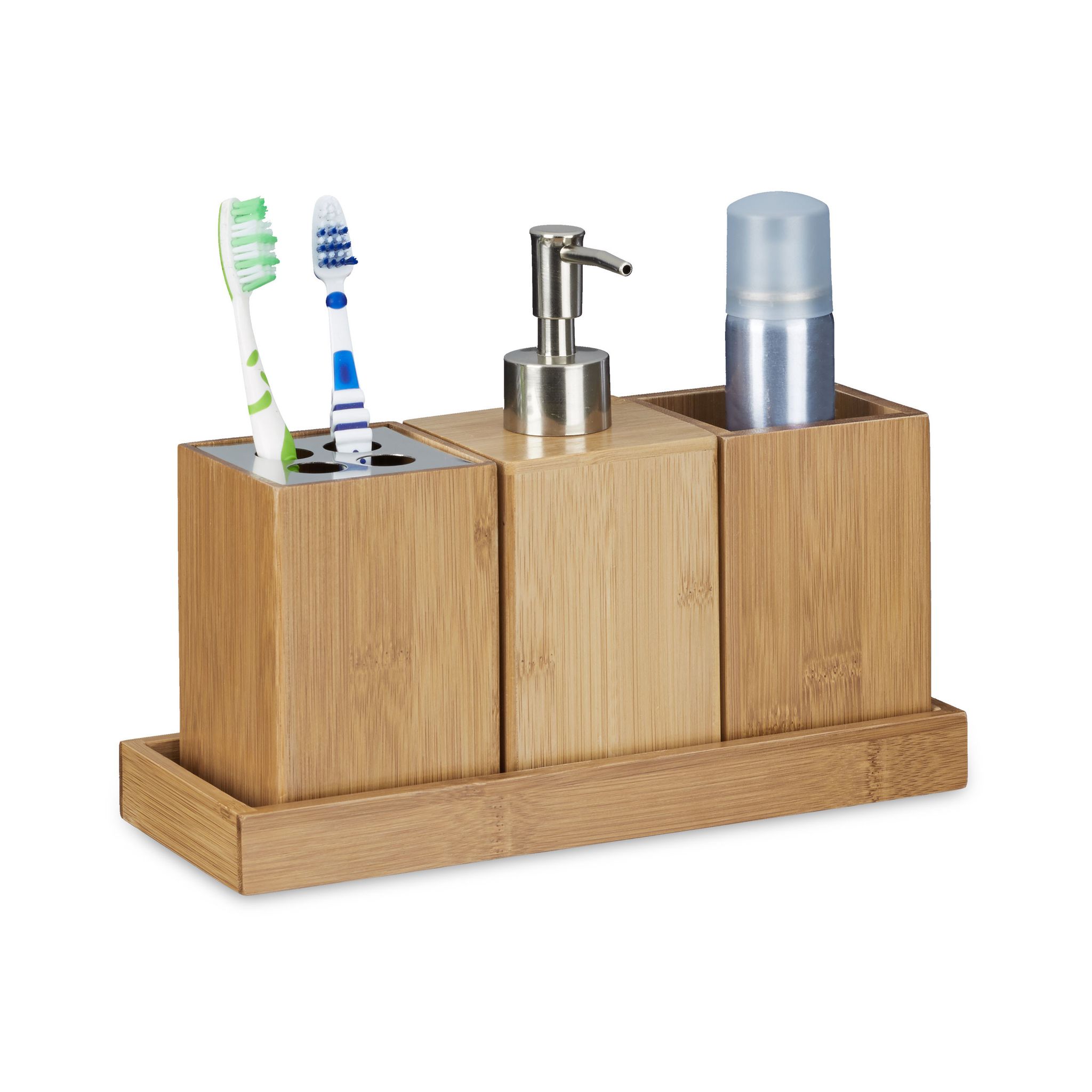 RELAXDAYS Bambus Badaccessoires Set - Becher - Seifenspender - Schale - Braun - Image 2
