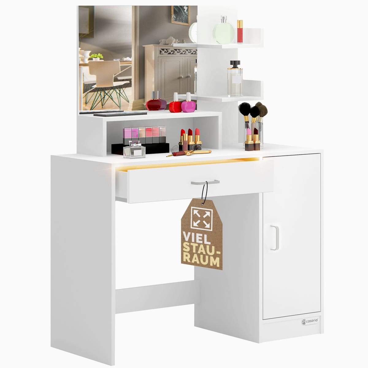 Schminktisch Jocelyn Mit Led-beleuchtung Spiegel Schublade 3 Ablagen Make-up Schlafzimmer Kosmetiktisch Frisiertisch Schminkkommode Holz Weiß 137x90x38cm Weiß - Casaria