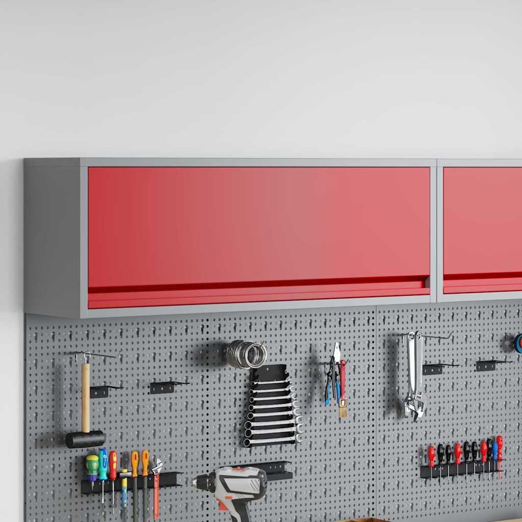 Armoire à outils avec tiroirs et étagères en acier et bois, rouge et gris, 100 x 25 x 35 cm