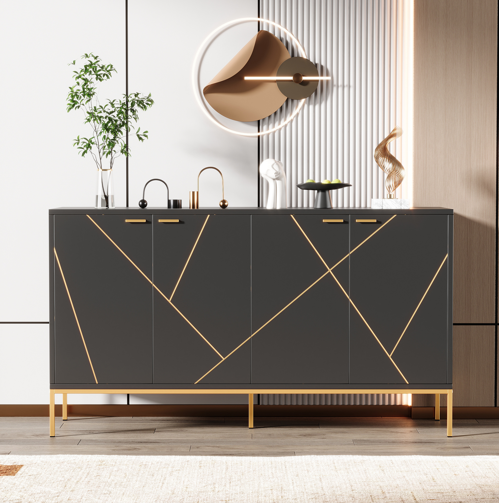 Covreo Sideboard 150x40x80 Cm Schwarz Und Gold Aus Spanplatte Mit Metallbeinen, Verstellbarem Regal Und Kippsicherung