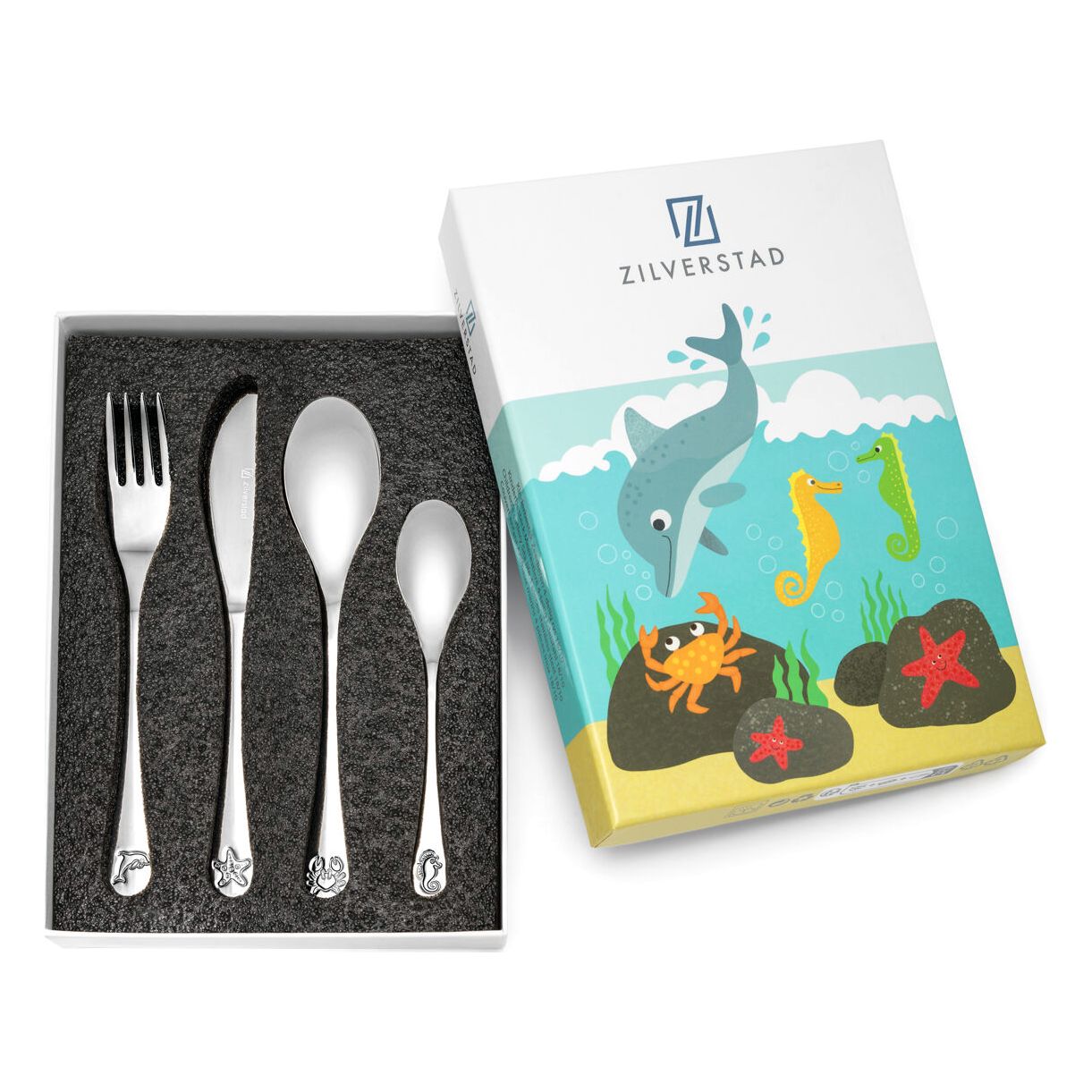 Set Di Posate Per Bambini Con Incisioni Di Animali Marini  Dimensioni: 160x170x160x130 Mm  Codice Articolo: Zv4258070
