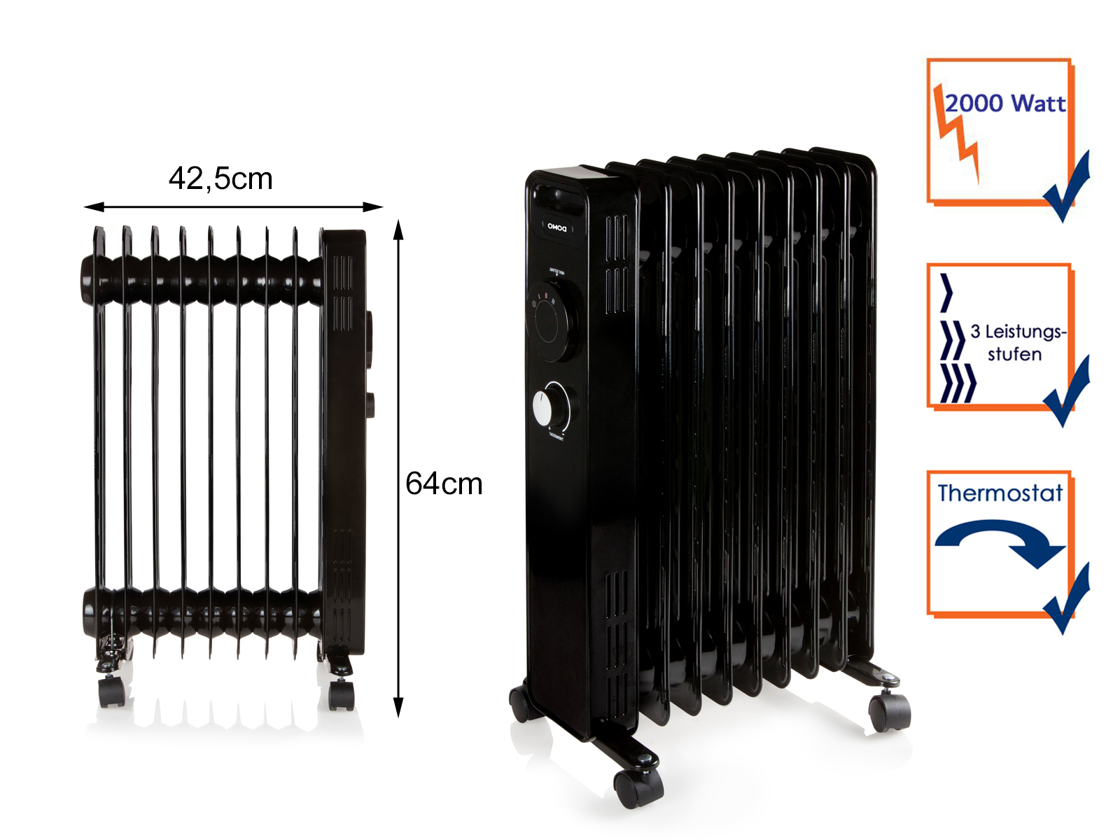 Joom Domo Schwarz Ölradiator - 2000 W - Do7327r - 42,5 X 28 X 64 Cm - Bild 3