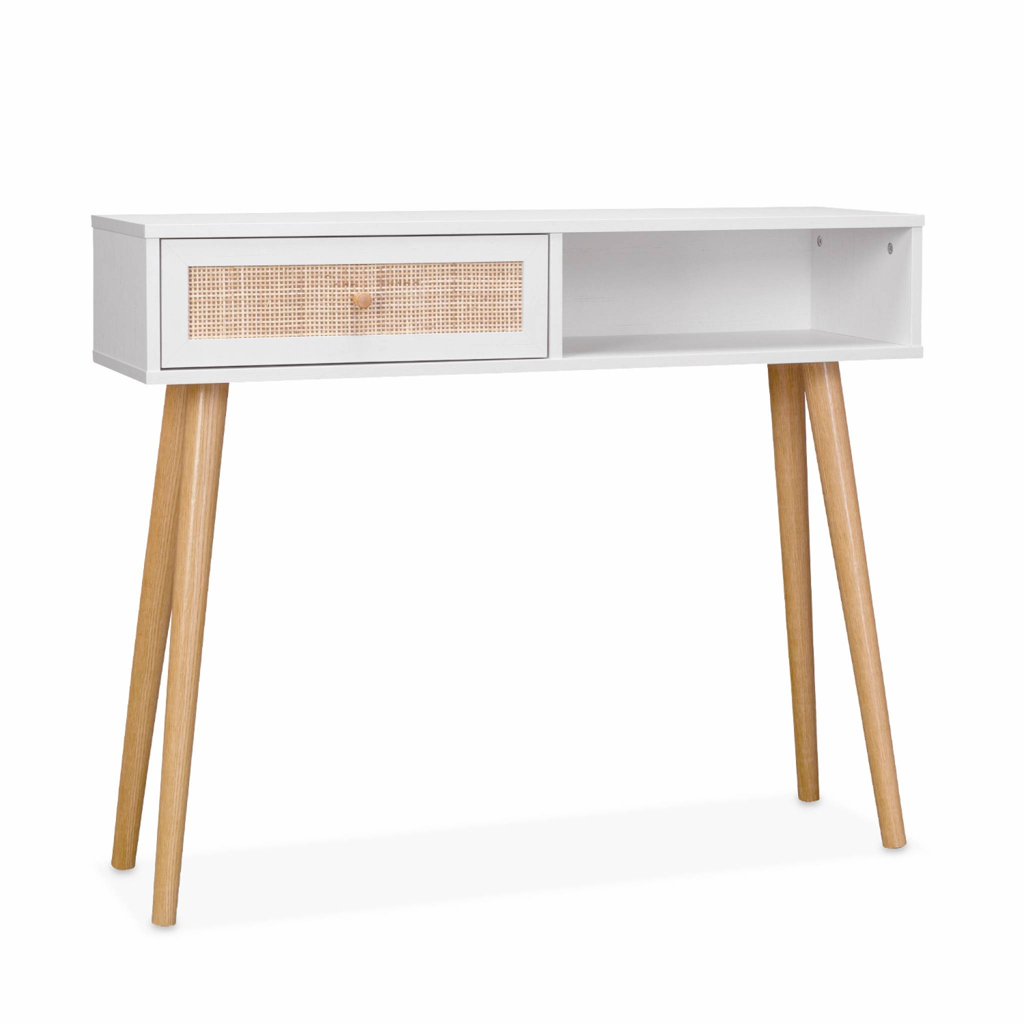 Console En Cannage 100x29x81cm - Bohème - Blanc. 1 Tiroir.1 Espace De