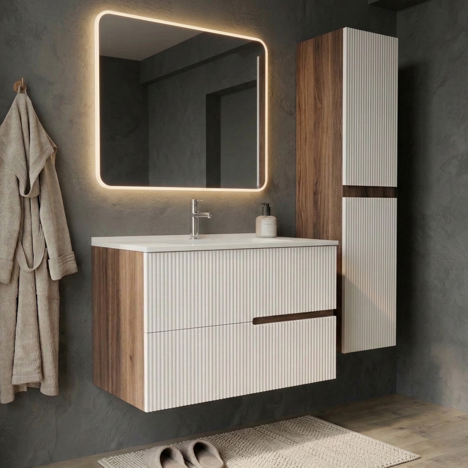 Ensemble Meuble Simple Vasque L.80cm + 1 Colonne À Suspendre Chêne Moka