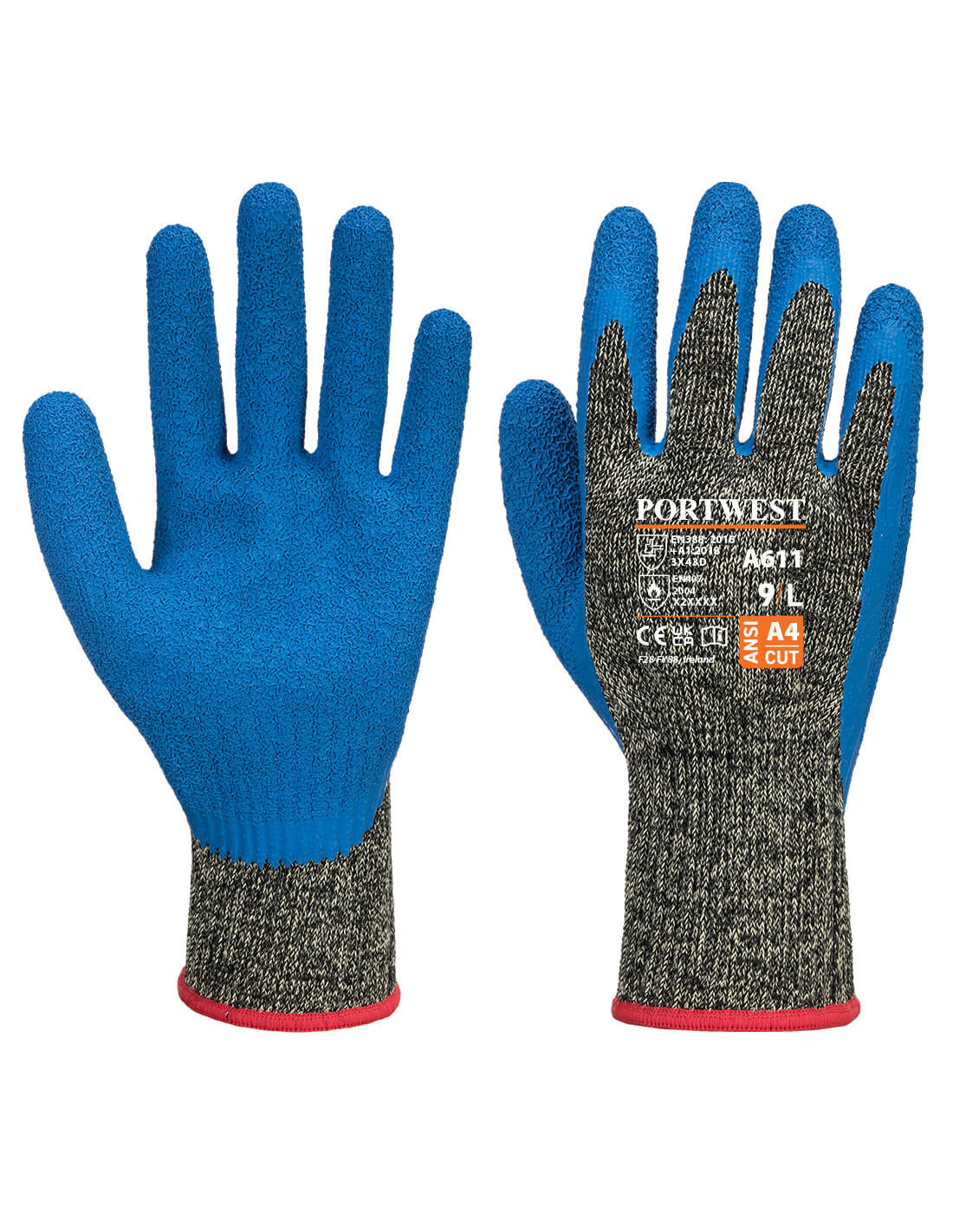 Portwest A611 Aramid Latexhandschuh Strapazierfähig Schnittfest Bau | Schwarz/Blau, S, EN 388 Schnittstufe D, EN 407 (X2XXXX), EN ISO 21420 Fingerfertigkeit 5, Bau, Mechaniker - Bild 3