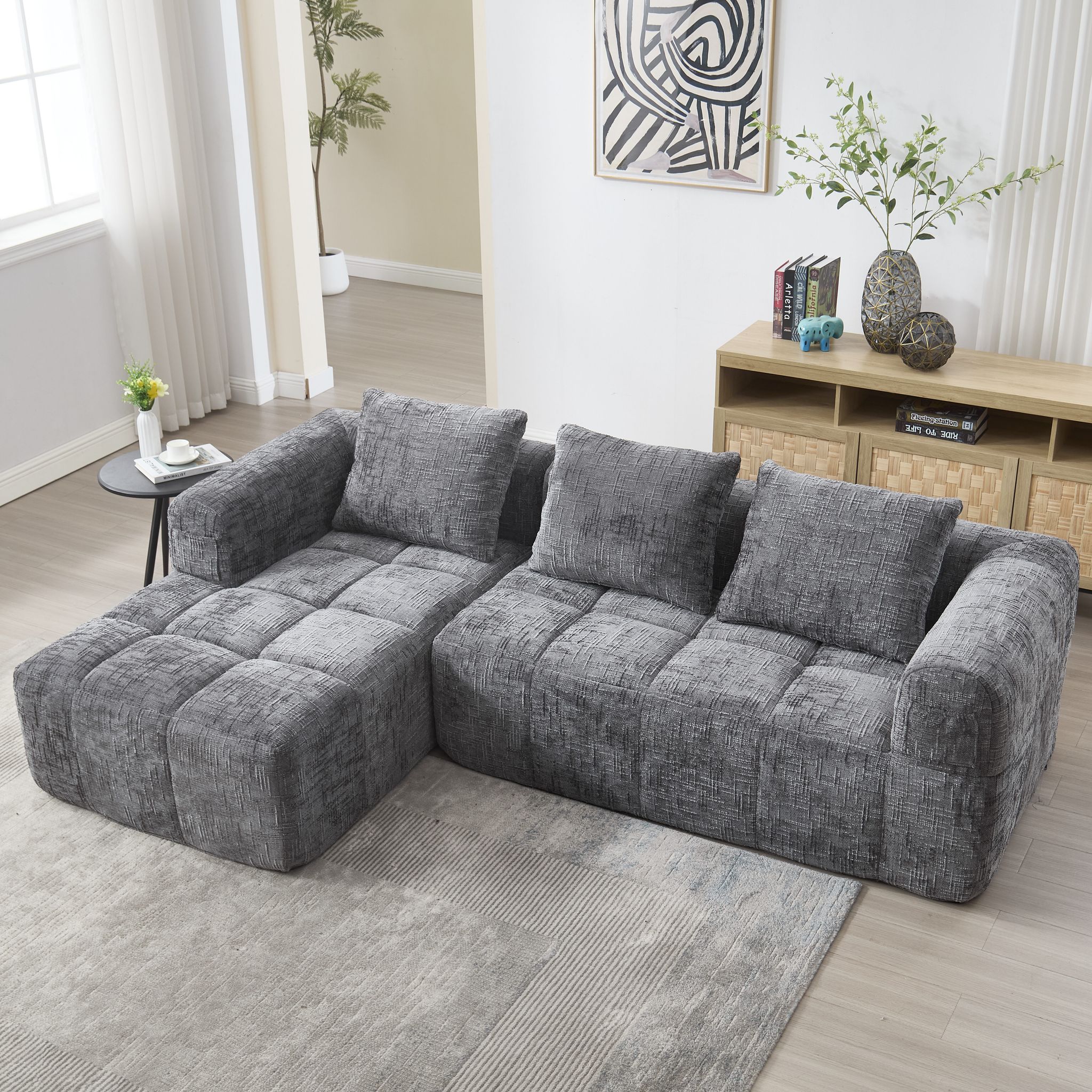 Neche – Canapé Modulable 3 Places En L 250cm – Chenille Douce Gris