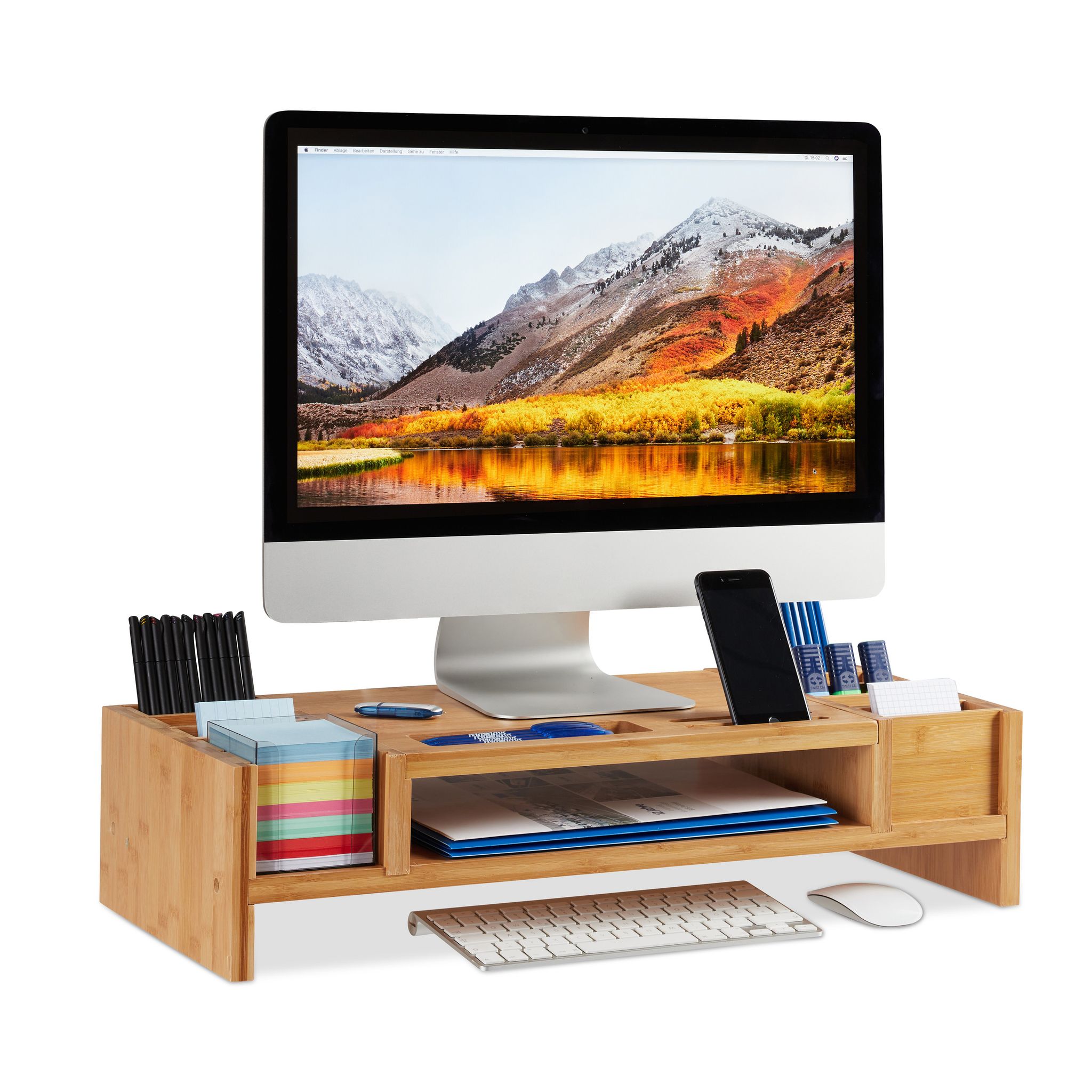 Relaxdays Supporto Per Monitor, Rialzo In Bambù, 14 Scomparti, Organizer Ergonomico, Hbt:15x65x28 Cm, Legno Naturale