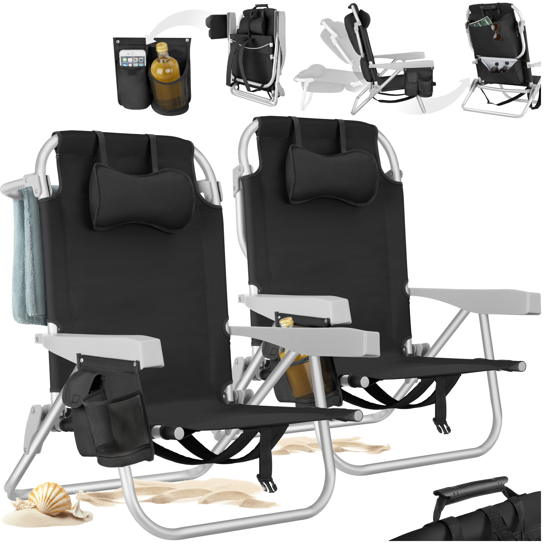 Lot De 2 Chaises Plage Pliables Avec Fonction Sac À Dos Noir