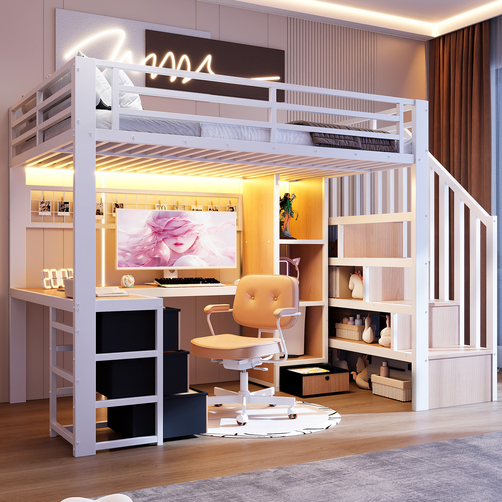 Lit Mezzanine En Métal 90x200 Cm Avec Bureau Intégré
