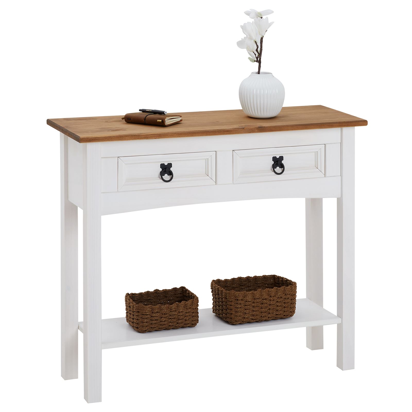 Table Console En Pin Massif Blanc Et Brun – 2 Tiroirs De Rangement