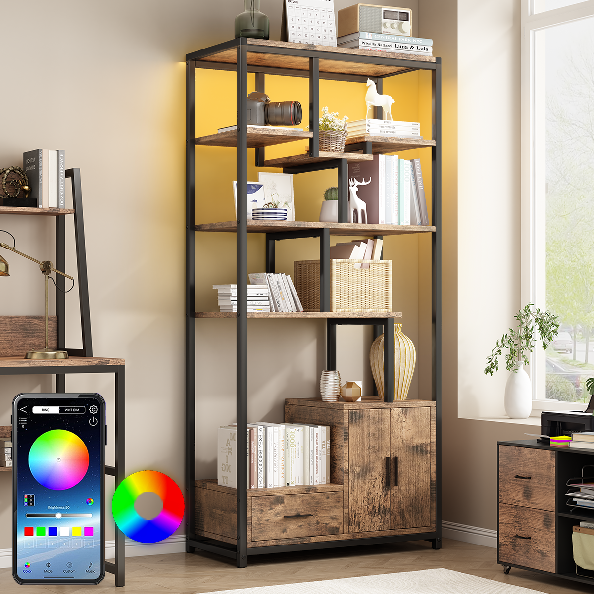 Bibliothèque, Étagère De Rangement Led À 6 Niveaux