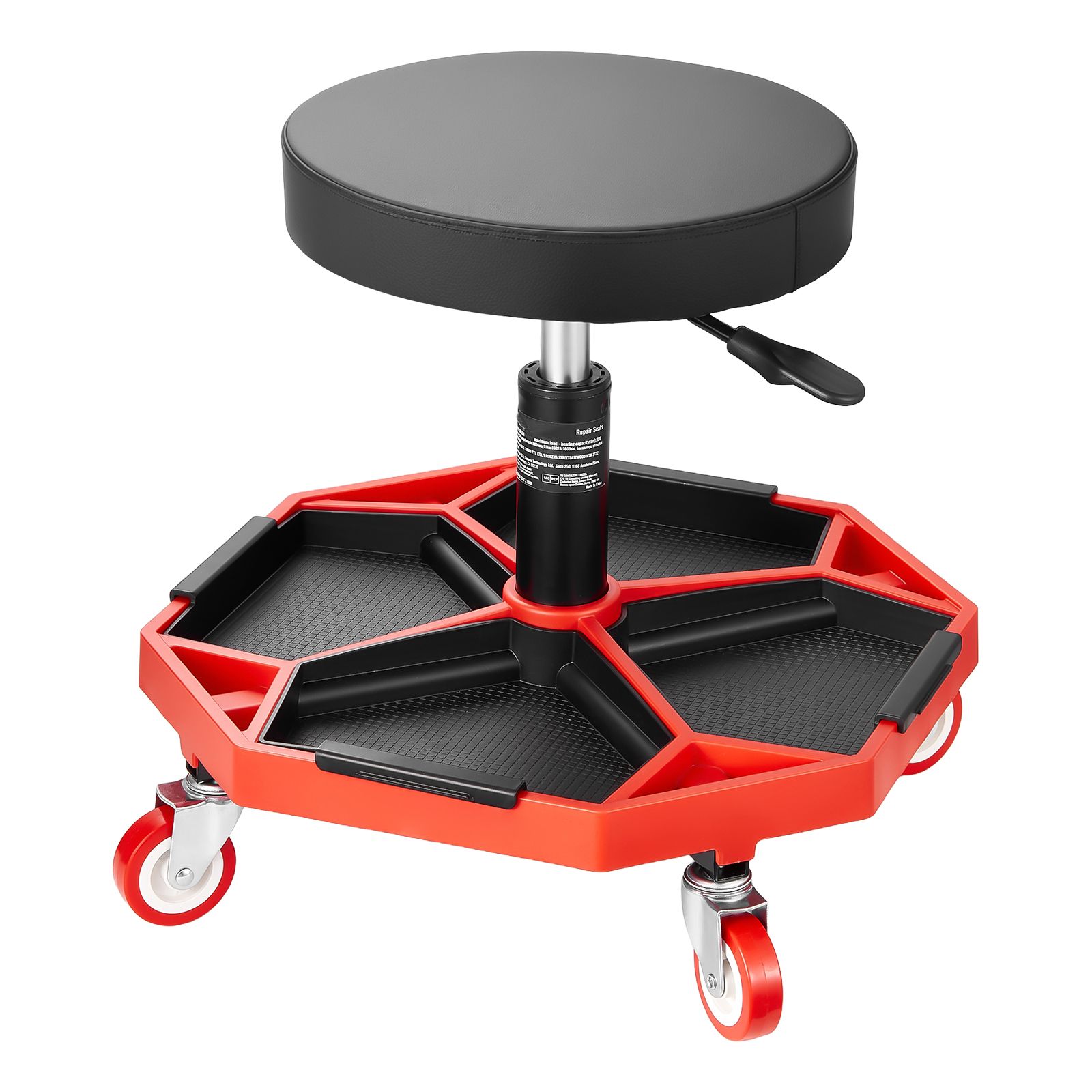 Tabouret d'atelier roulant réglable en hauteur, acier au carbone, charge 300 lbs, 4 plateaux à outils amovibles, rouge et noir