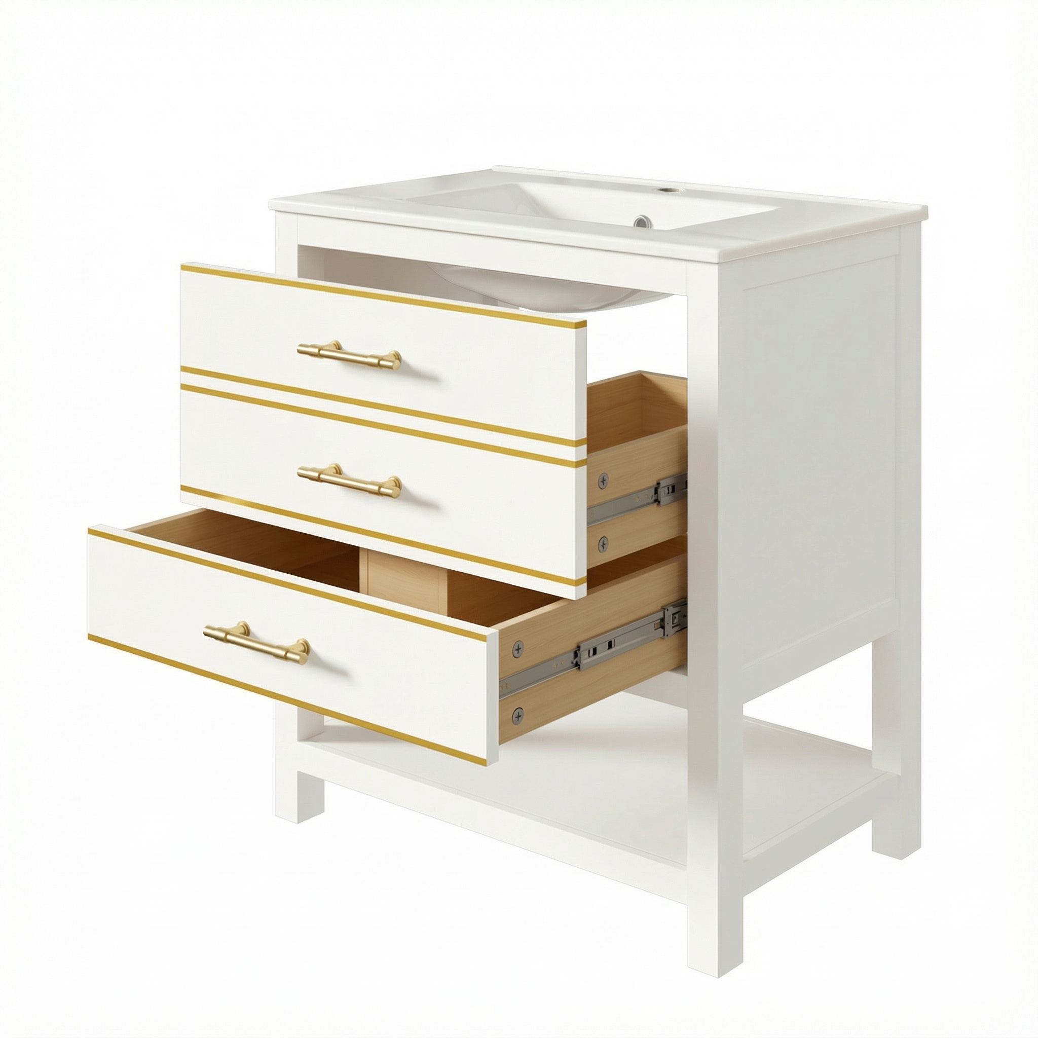 Stilvora Waschtischunterschrank Mit 2 Schubladen Und 1 Offenem Fach, Keramikbecken, Aus Mdf, Weiss Und Gold, 76 Cm