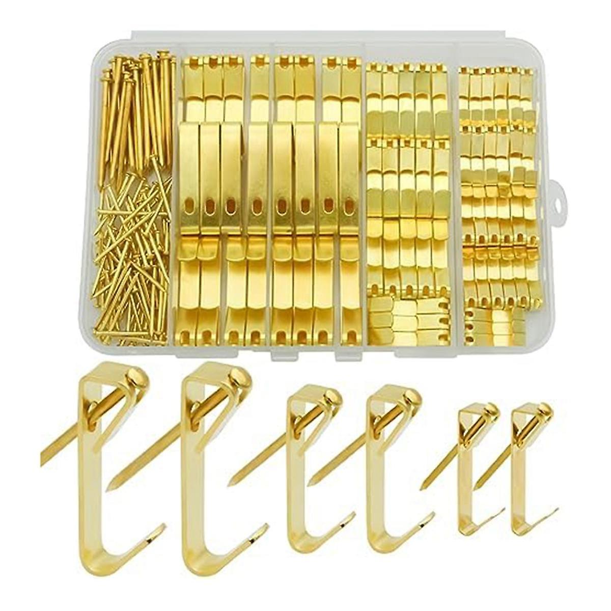 Kit de suspension de tableaux doré, 3 tailles de crochets 4,5 kg, 13,6 kg et 22,7 kg, 100 clous inclus