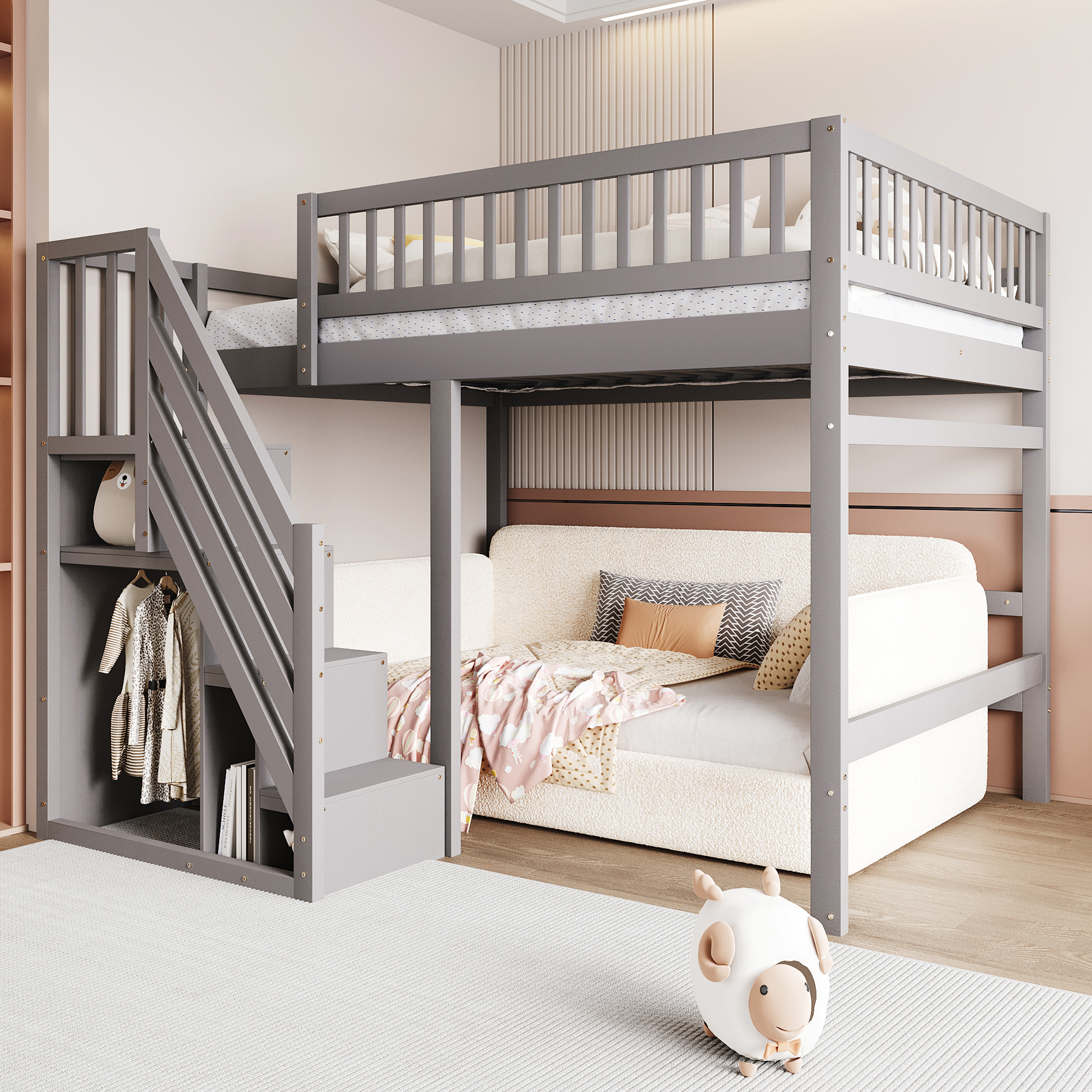 Lit En Bois Massif 140 X 200 Cm Avec Escalier Intégré Et Armoire De