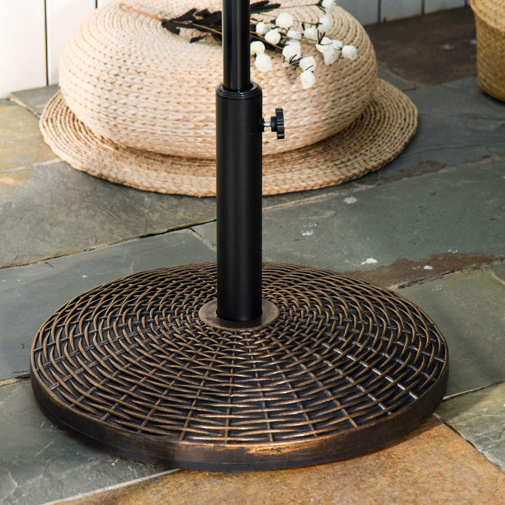 Pied De Parasol Rond En Plastique Effet Rotin De 25 Kg Pour Mâts De 35