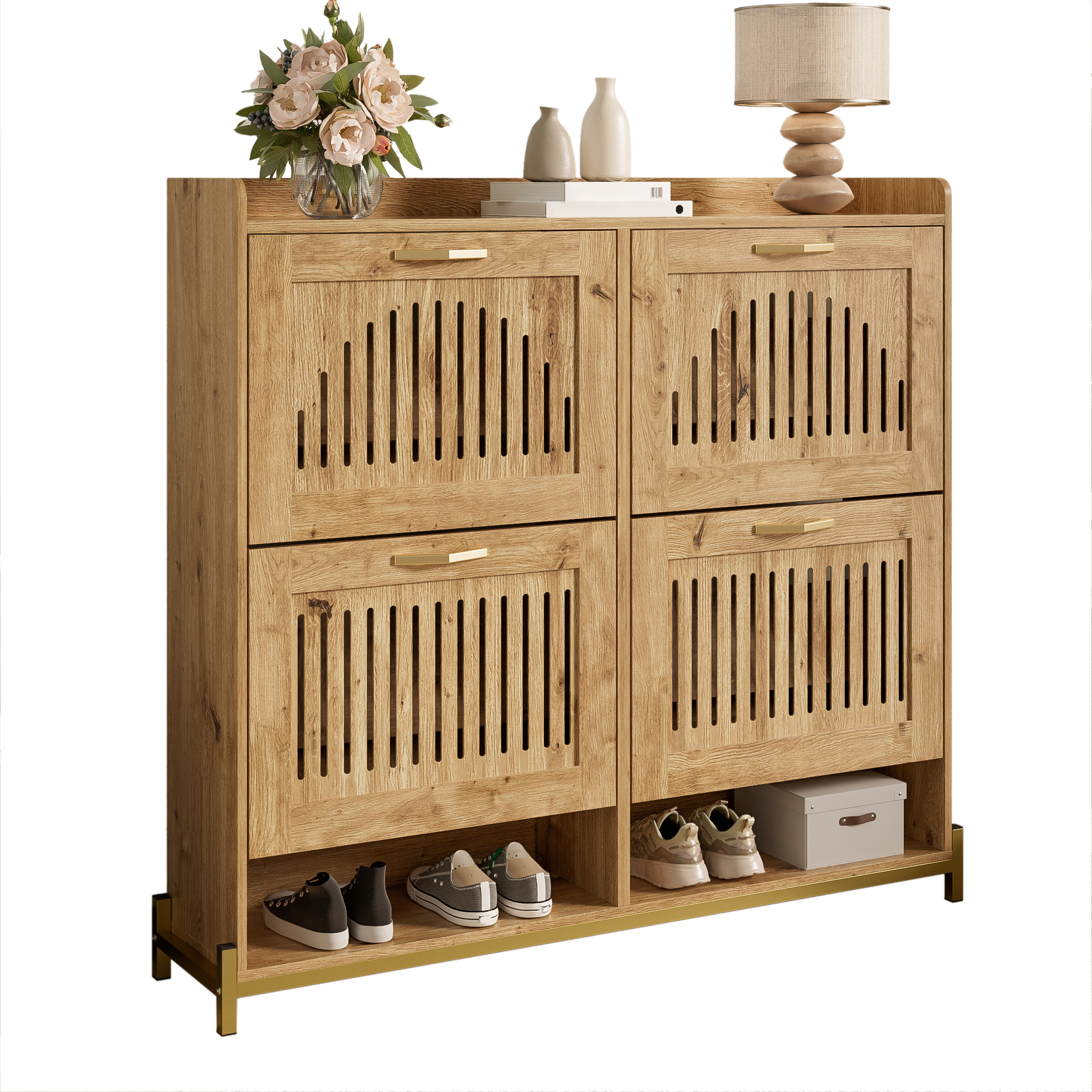 Stilvora Schuhschrank Mit 4 Lamellentüren Und Metallgestell, Kompakter Stauraum, Aus Mdf, 108, 5×24×100 Cm, Holzoptik