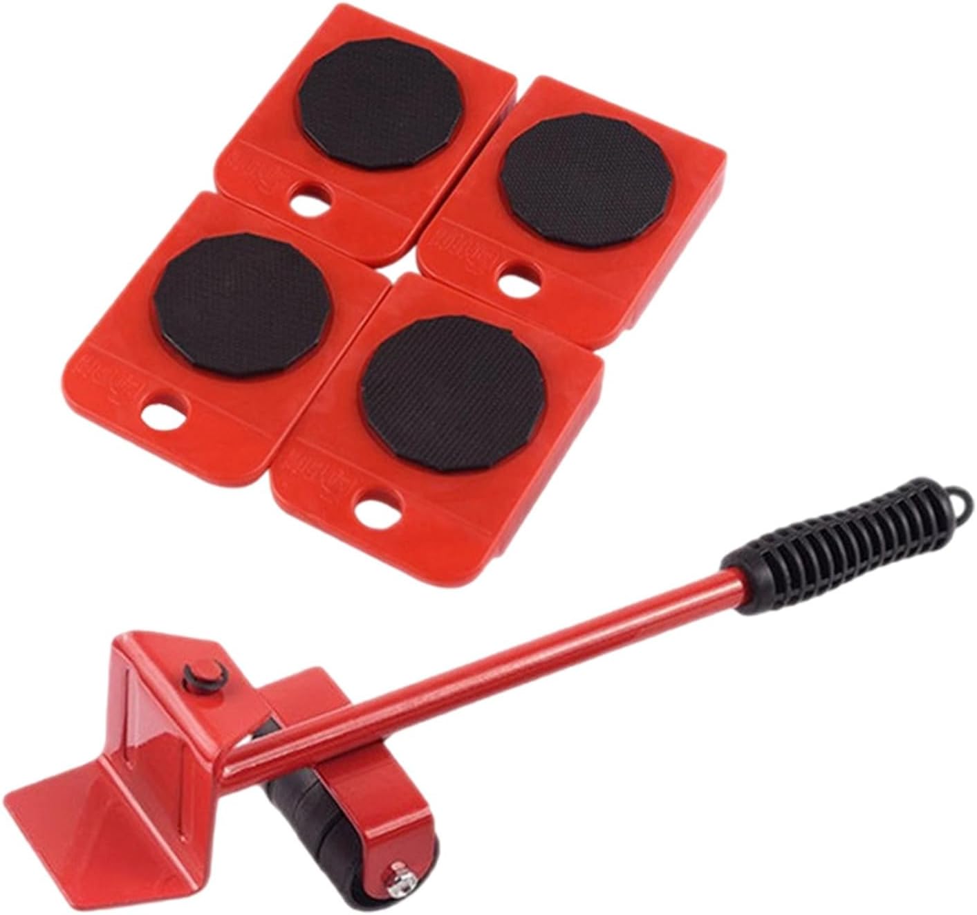 Kit de déménagement 5 pièces, lève-meuble rouge et 4 chariots à roulettes, métal et plastique