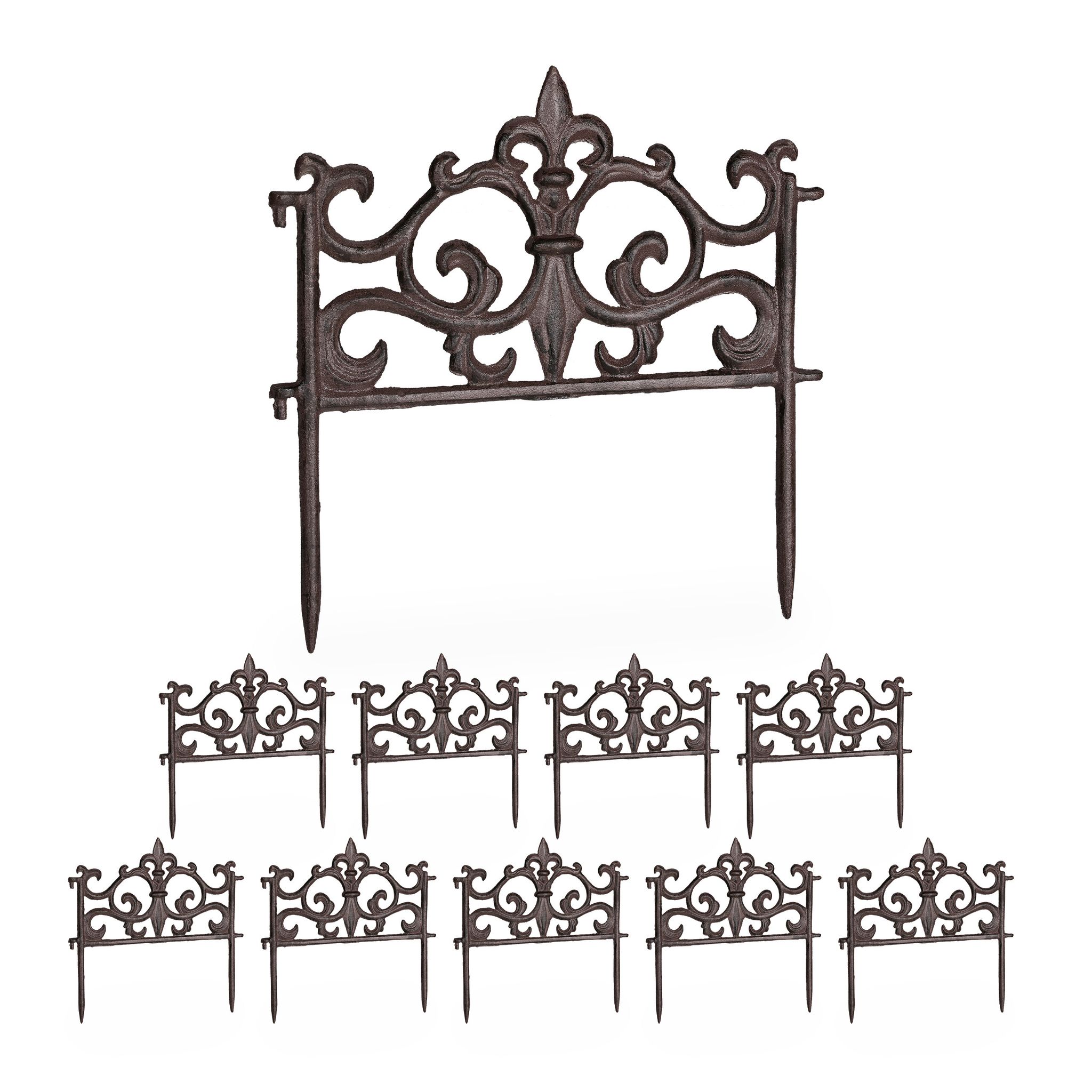 Relaxdays Garden Bed Fence, 10 Panels, Cast Iron, Hxw, 27 X 27 Cm, Vintage Design, Flowerbed Edging, Lawn Border, Brown