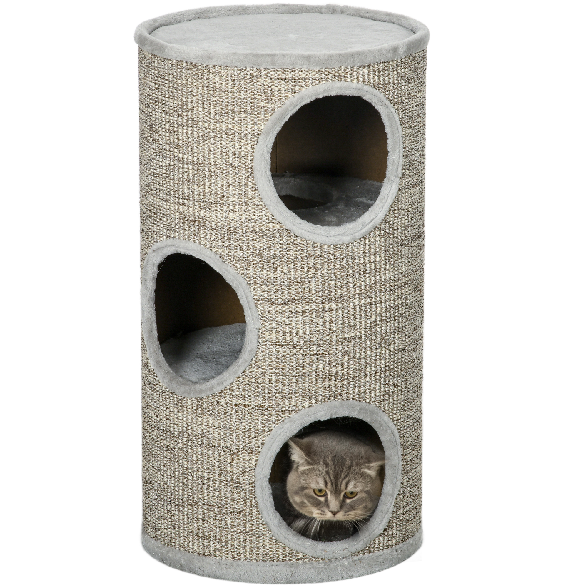 Kratztonne 70 Cm Hoch Ø 38 Cm Dreistöckige Katzentonne Mit Plüschrand, Katzenhöhle, Kratzbaum Für Kleine Katzen, Grau - Pawhut